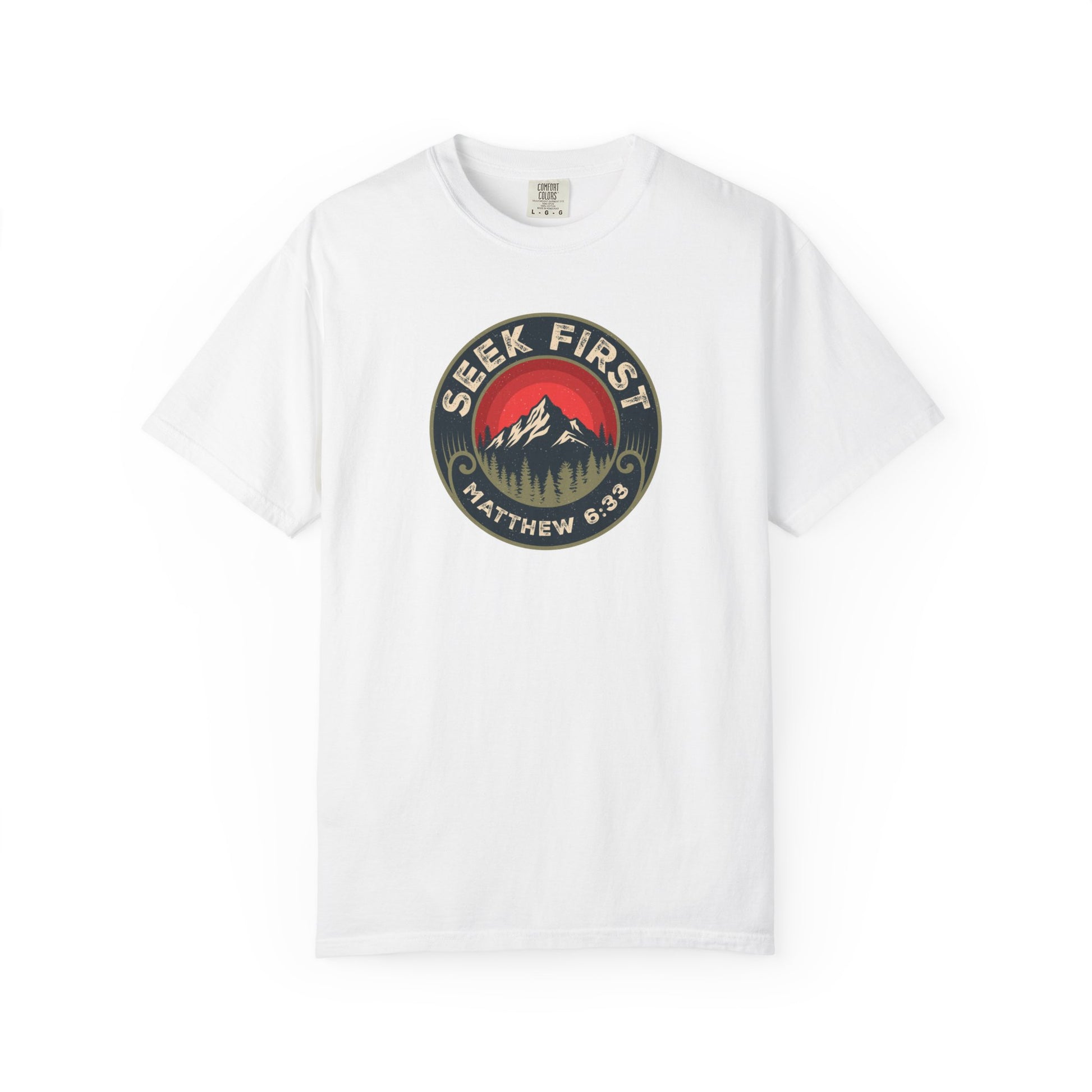 Seek First – Christian T-Shirt | Vintage Mountain Patch Design | Live the Verse Collection | all4HIM