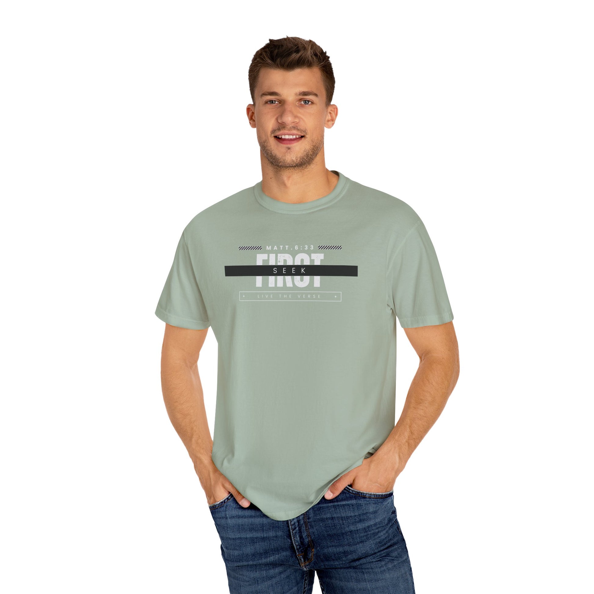Seek First – Christian T-Shirt | Bold Typography Design | Live the Verse Collection | all4HIM