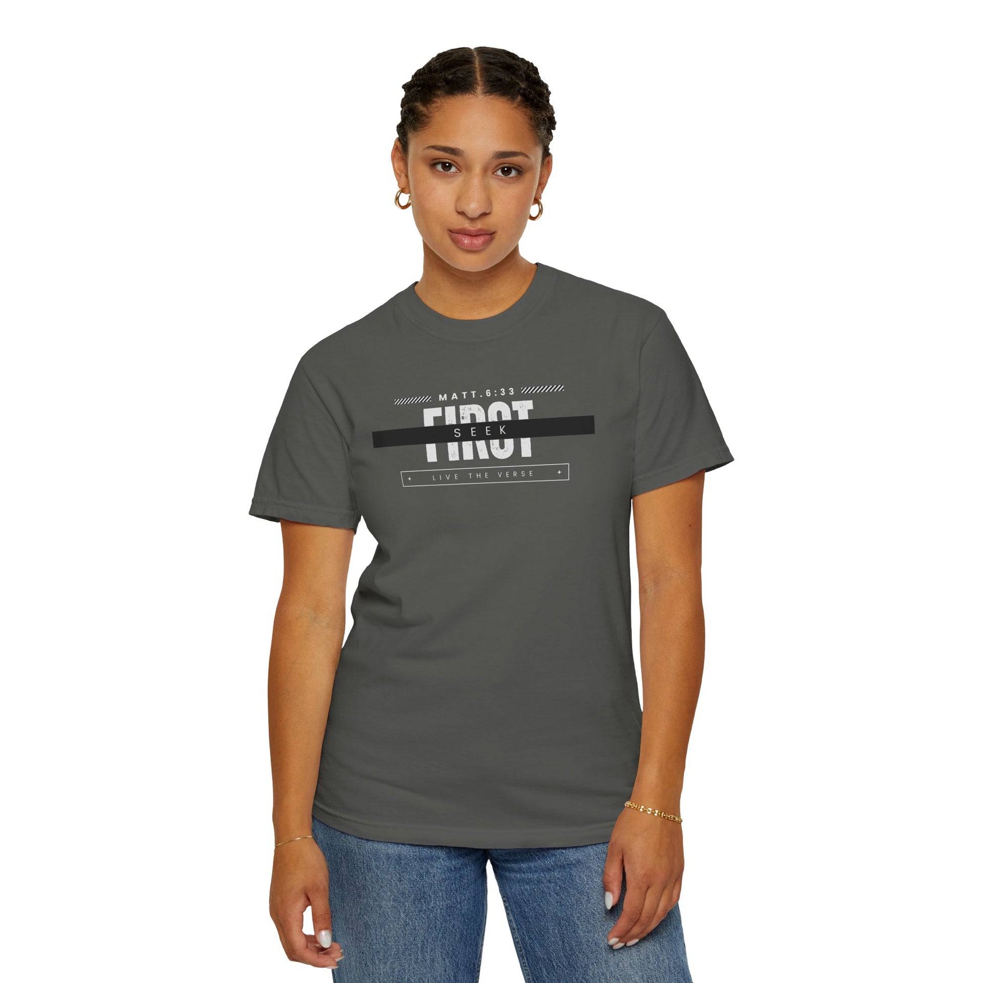Seek First – Christian T-Shirt | Bold Typography Design | Live the Verse Collection | all4HIM