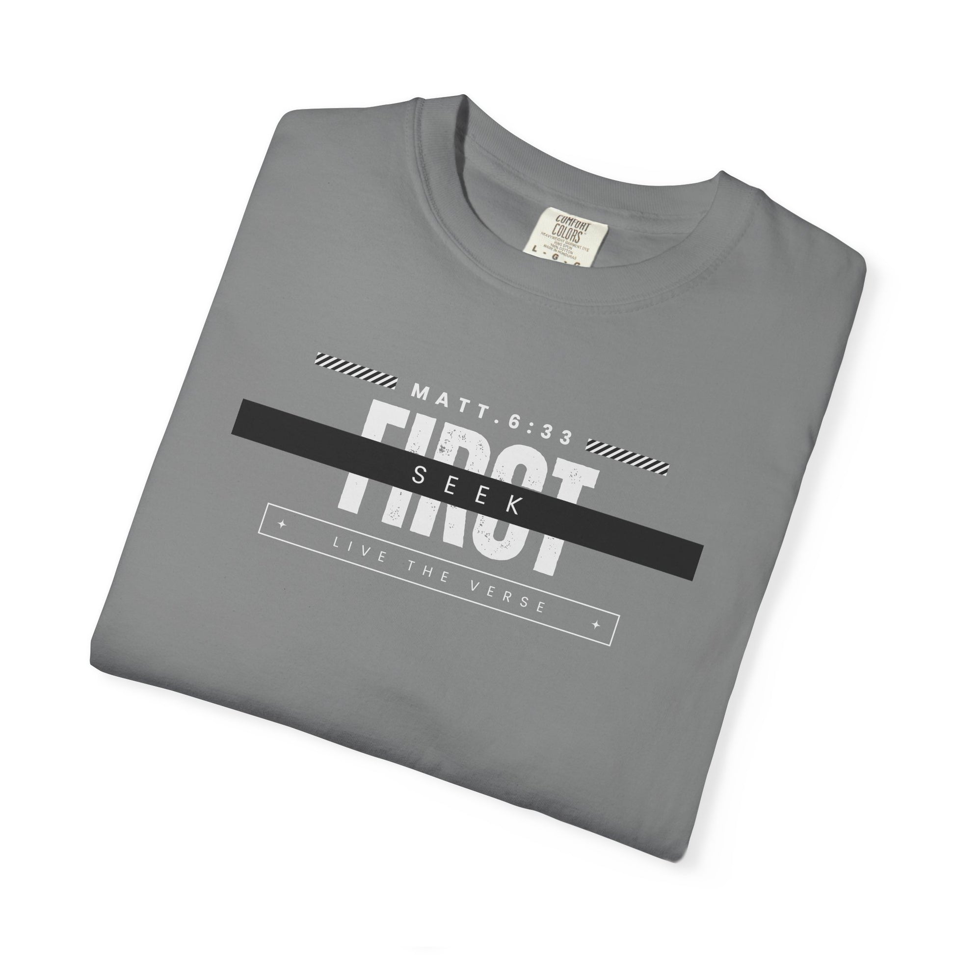 Seek First – Christian T-Shirt | Bold Typography Design | Live the Verse Collection | all4HIM