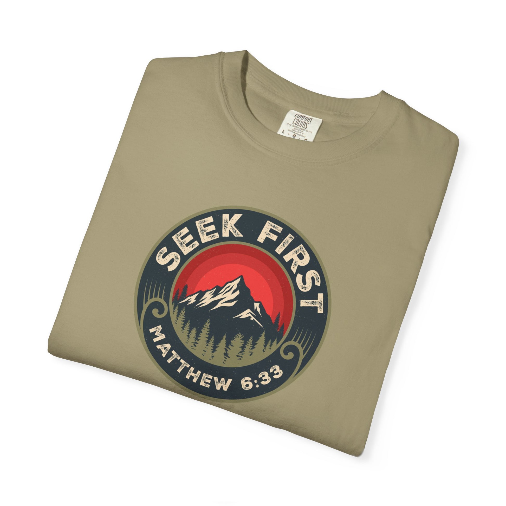 Seek First – Christian T-Shirt | Vintage Mountain Patch Design | Live the Verse Collection | all4HIM