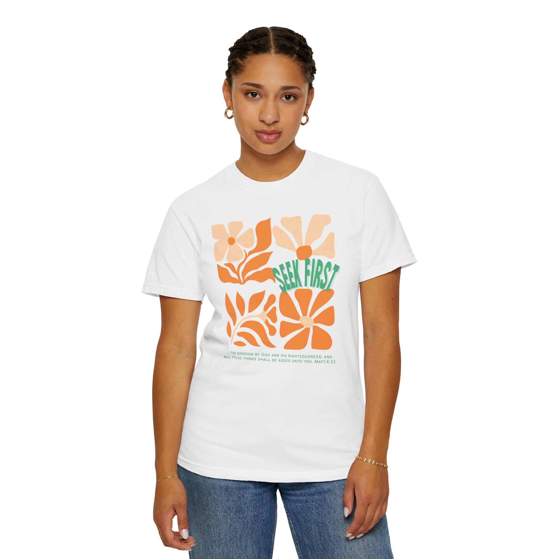 Seek First – Christian T-Shirt | Retro Floral Design | Live the Verse Collection | all4HIM