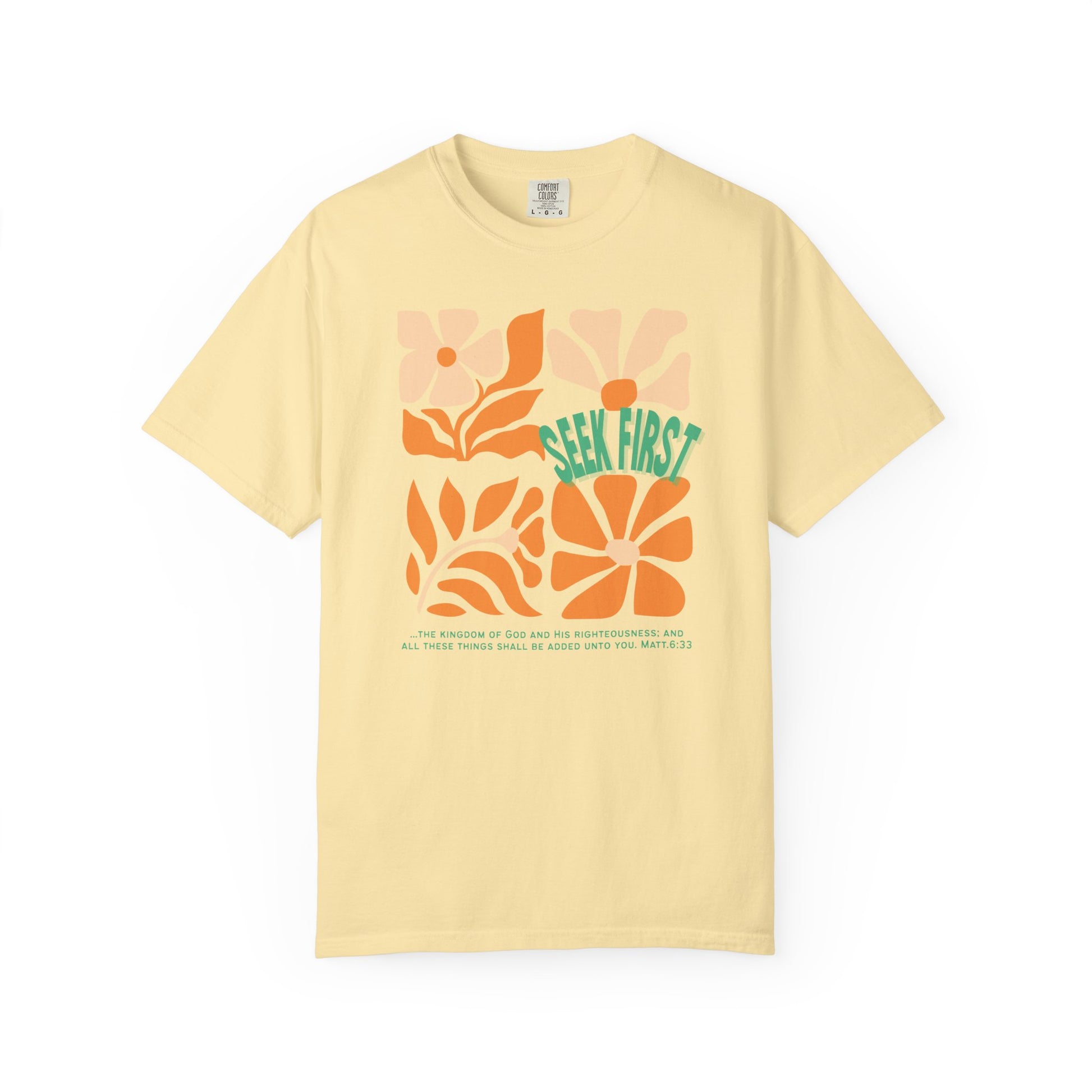 Seek First – Christian T-Shirt | Retro Floral Design | Live the Verse Collection | all4HIM