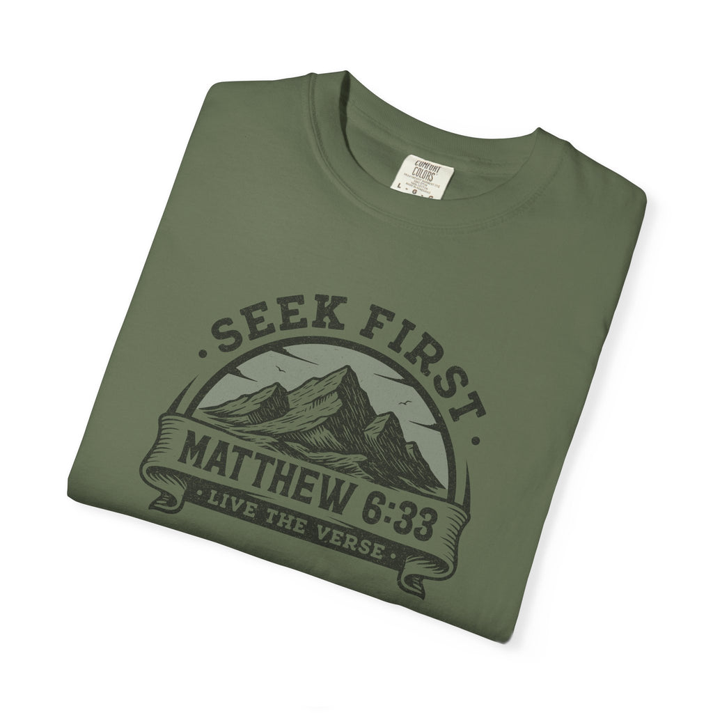 Seek First – Christian T-Shirt | Mountain Design | Live the Verse Collection | all4HIM