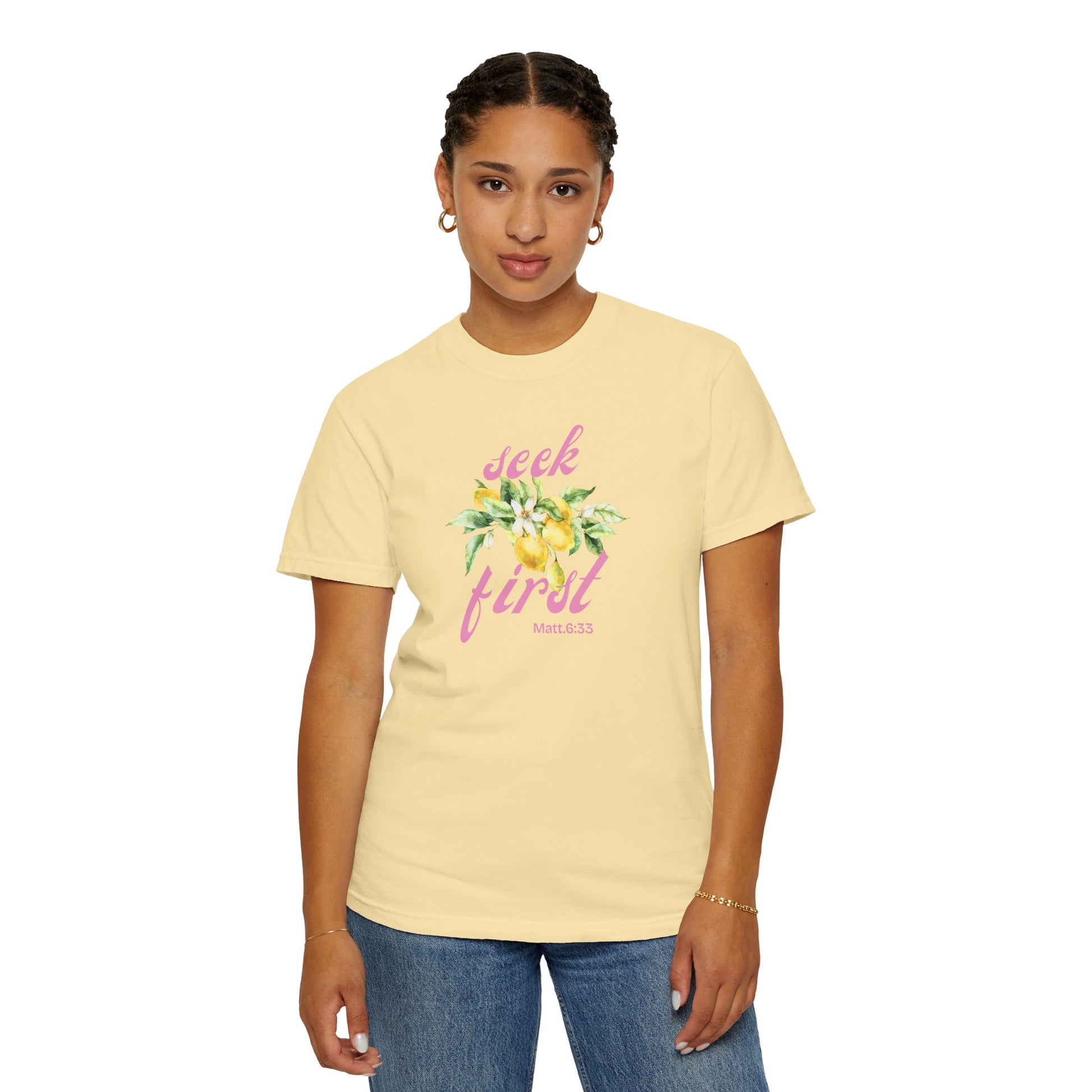 Seek First – Christian T-Shirt | Lemon Floral Design | Live the Verse Collection | all4HIM