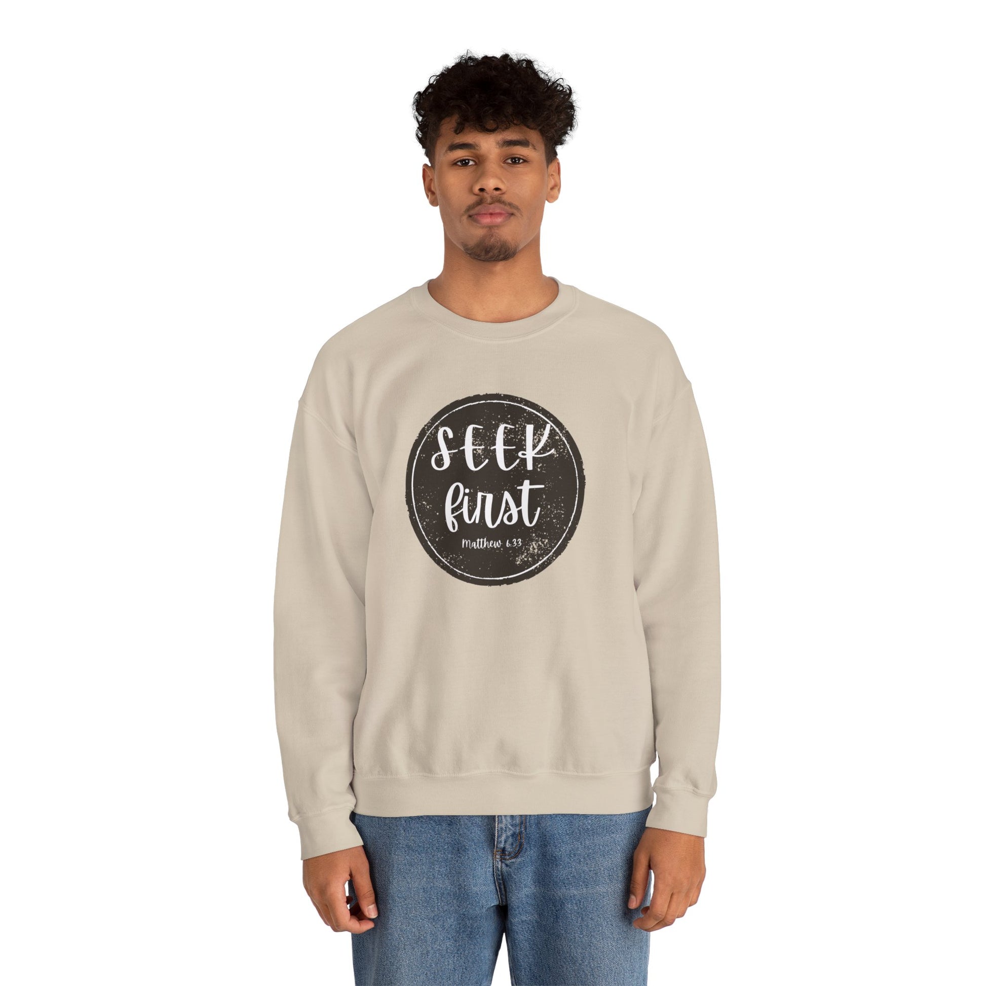 Seek First – Christian Sweatshirt | Circle Seal Design | Live the Verse Collection | all4HIM