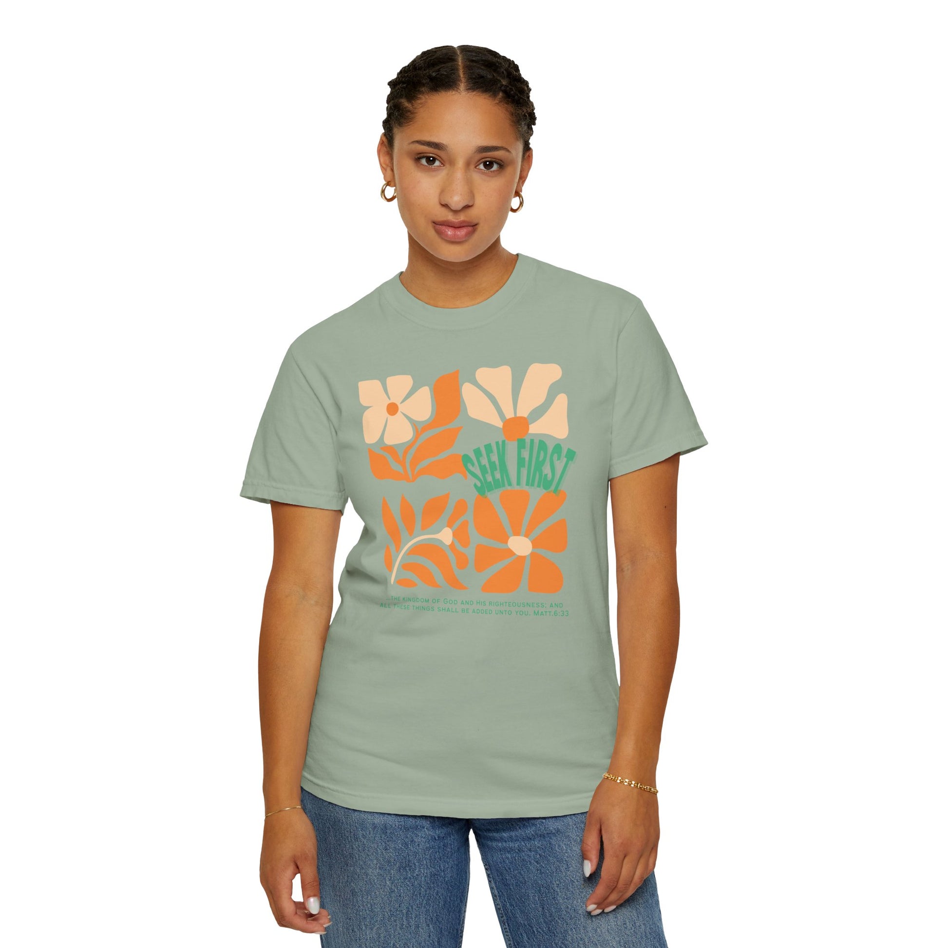 Seek First – Christian T-Shirt | Retro Floral Design | Live the Verse Collection | all4HIM