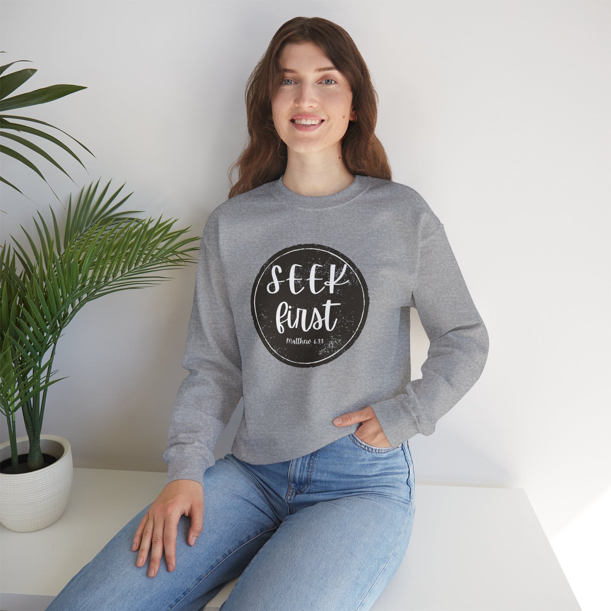 Seek First – Christian Sweatshirt | Circle Seal Design | Live the Verse Collection | all4HIM