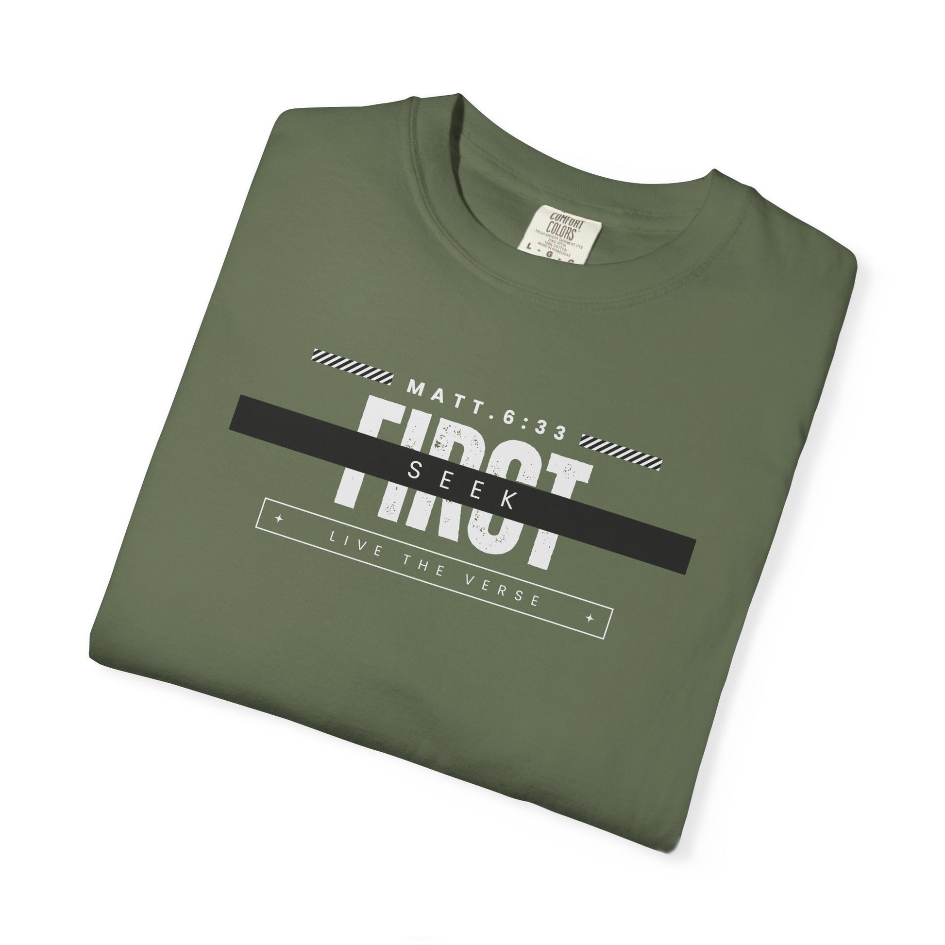 Seek First – Christian T-Shirt | Bold Typography Design | Live the Verse Collection | all4HIM