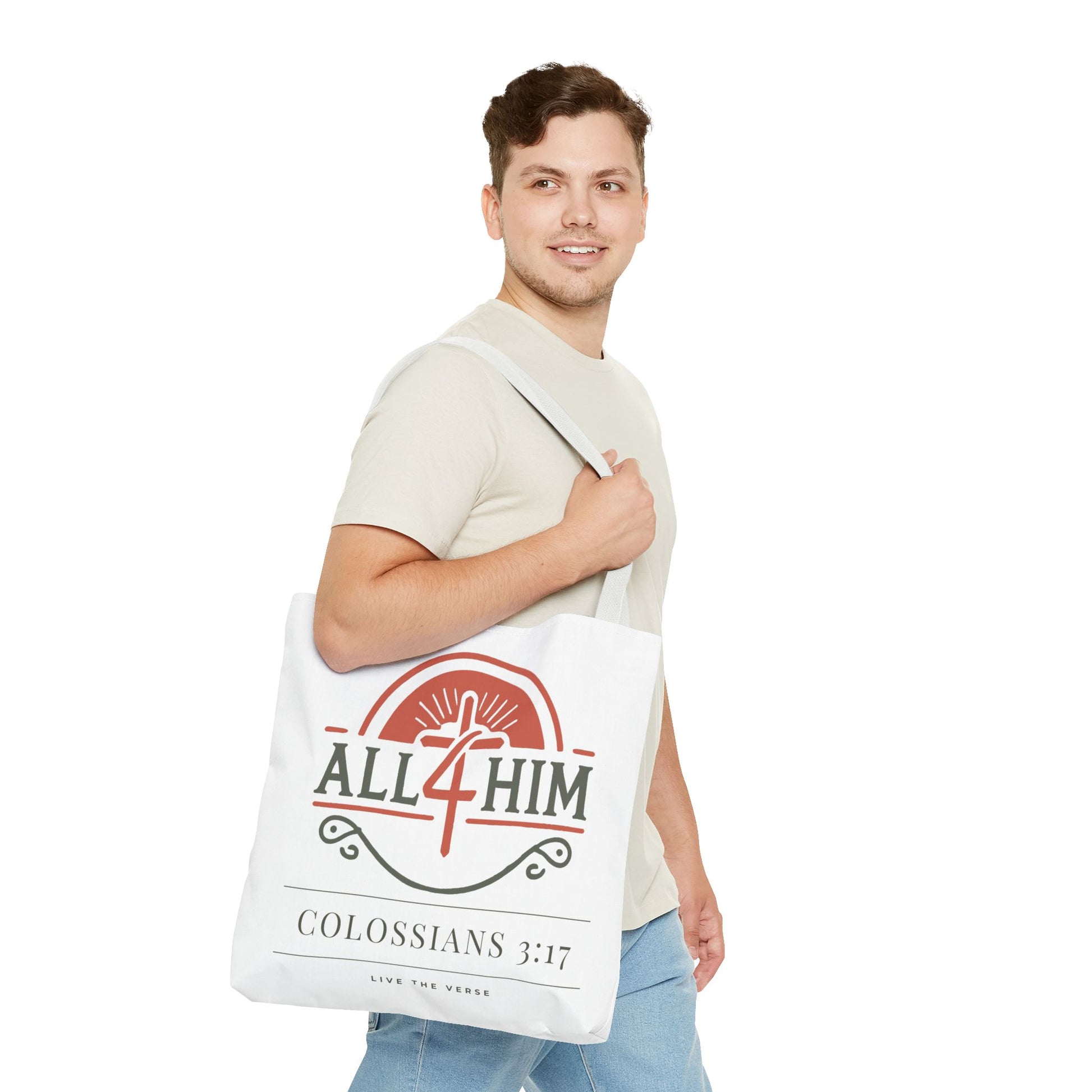 Live the Verse Tote Bag | all4HIM Logo Faith Bag | Christian Scripture-Inspired Carryall