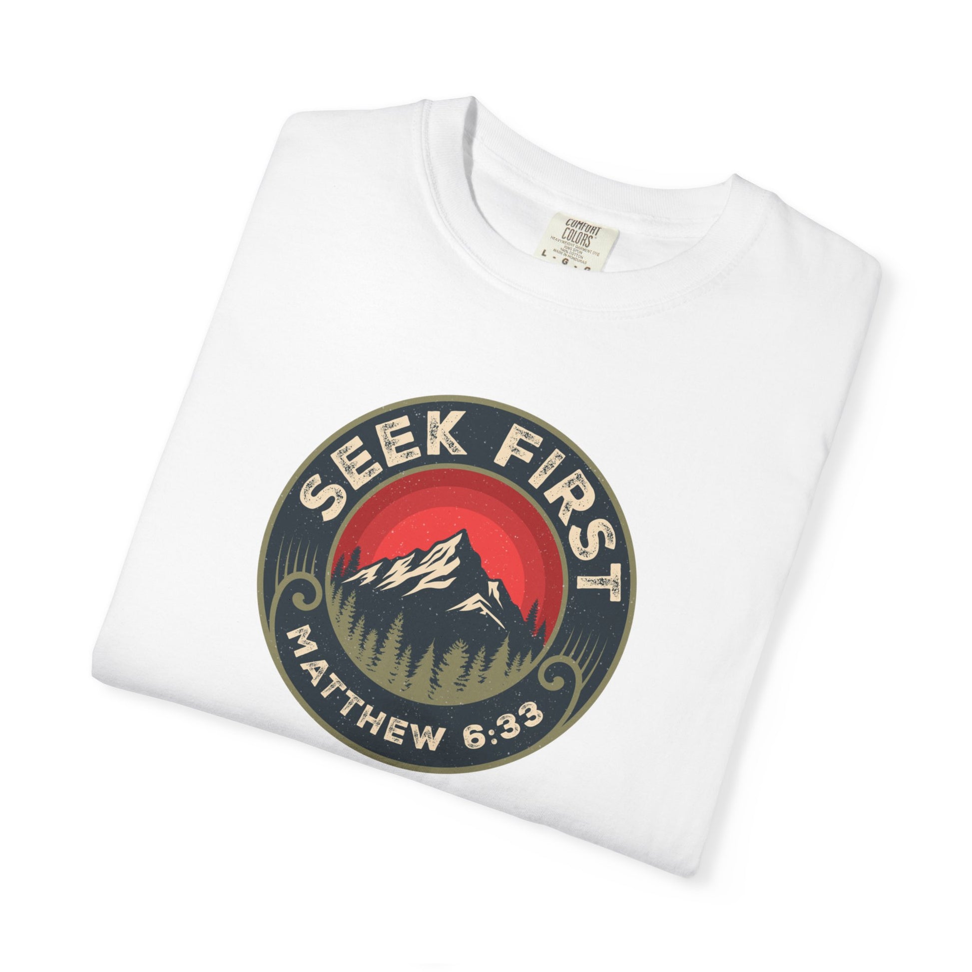 Seek First – Christian T-Shirt | Vintage Mountain Patch Design | Live the Verse Collection | all4HIM