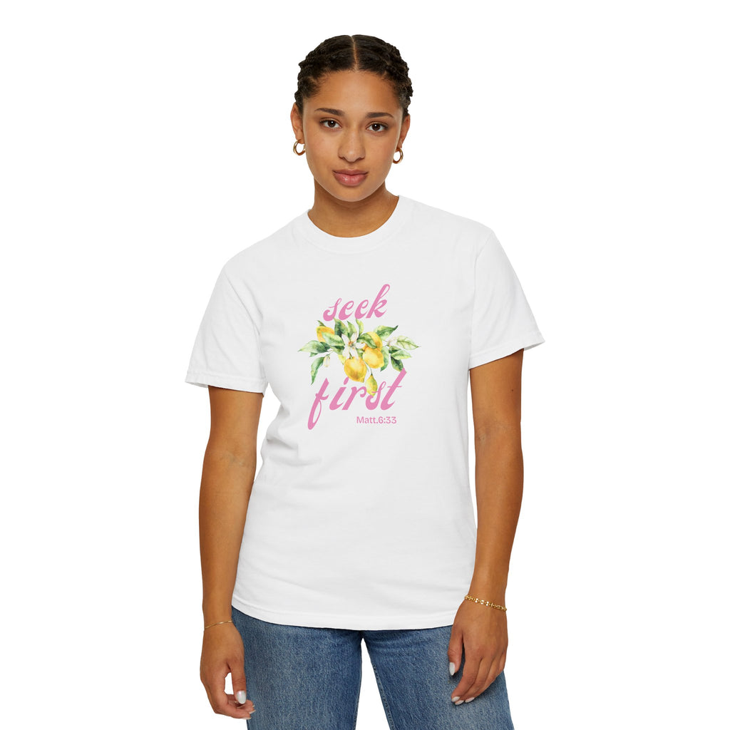 Seek First – Christian T-Shirt | Lemon Floral Design | Live the Verse Collection | all4HIM