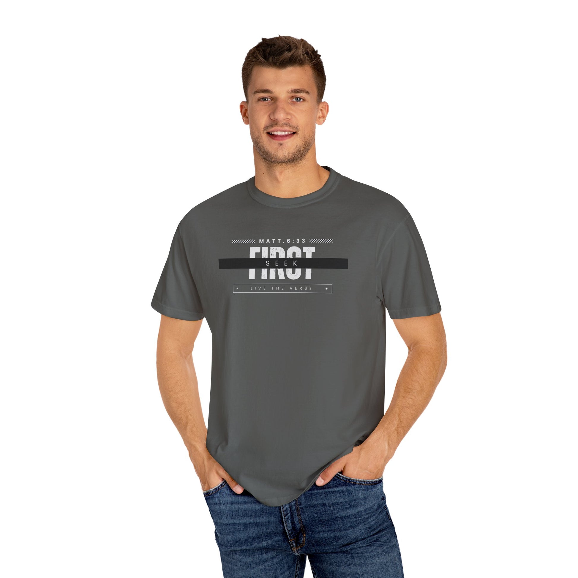 Seek First – Christian T-Shirt | Bold Typography Design | Live the Verse Collection | all4HIM
