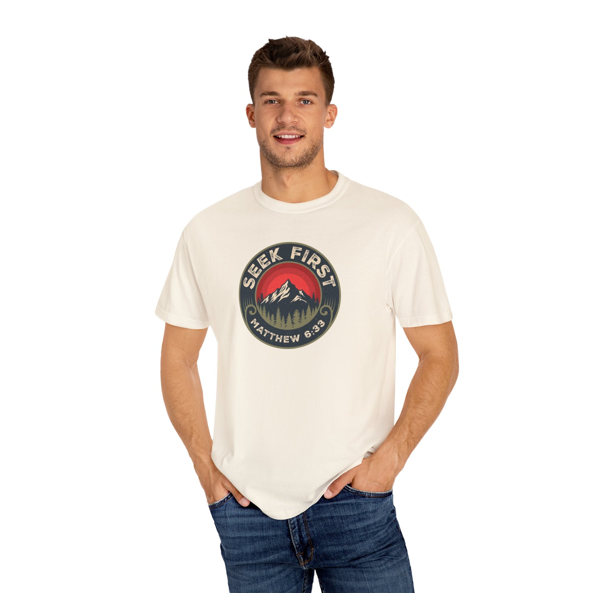 Seek First – Christian T-Shirt | Vintage Mountain Patch Design | Live the Verse Collection | all4HIM