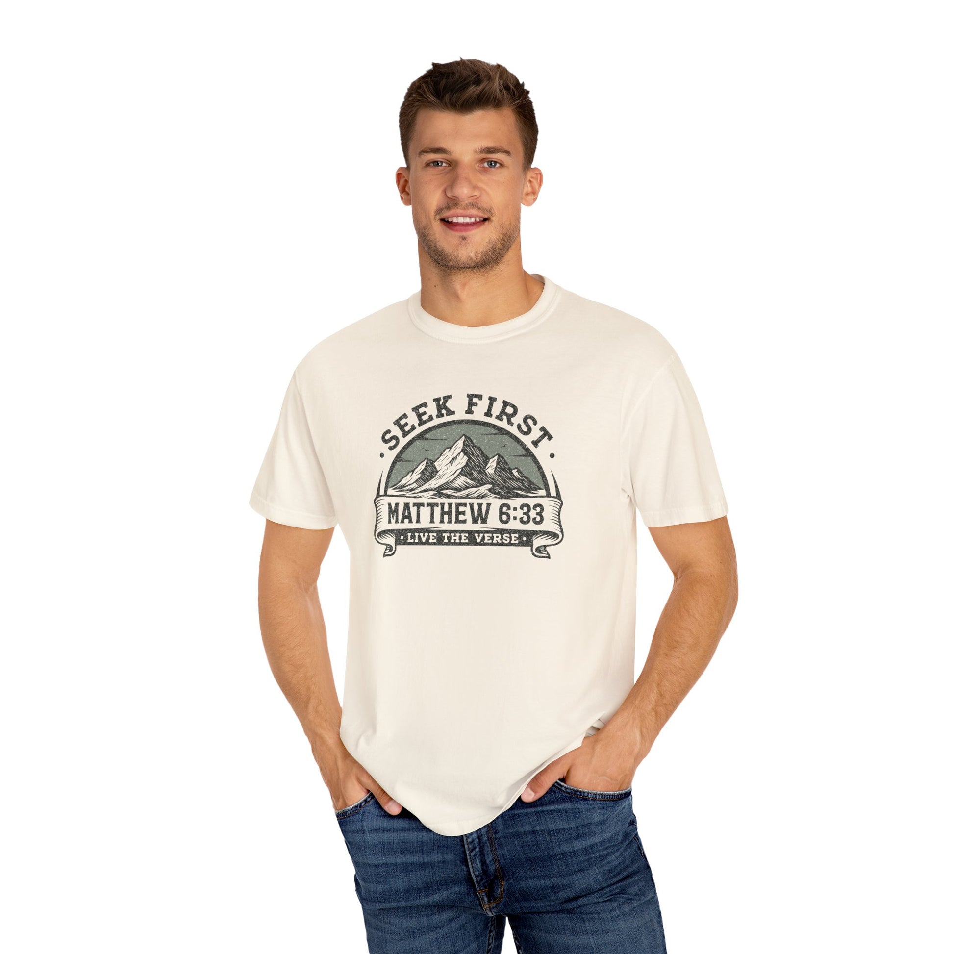 Seek First – Christian T-Shirt | Mountain Design | Live the Verse Collection | all4HIM