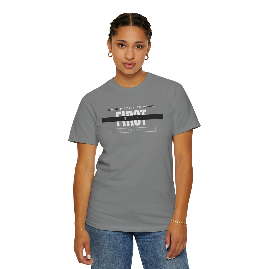 Seek First – Christian T-Shirt | Bold Typography Design | Live the Verse Collection | all4HIM