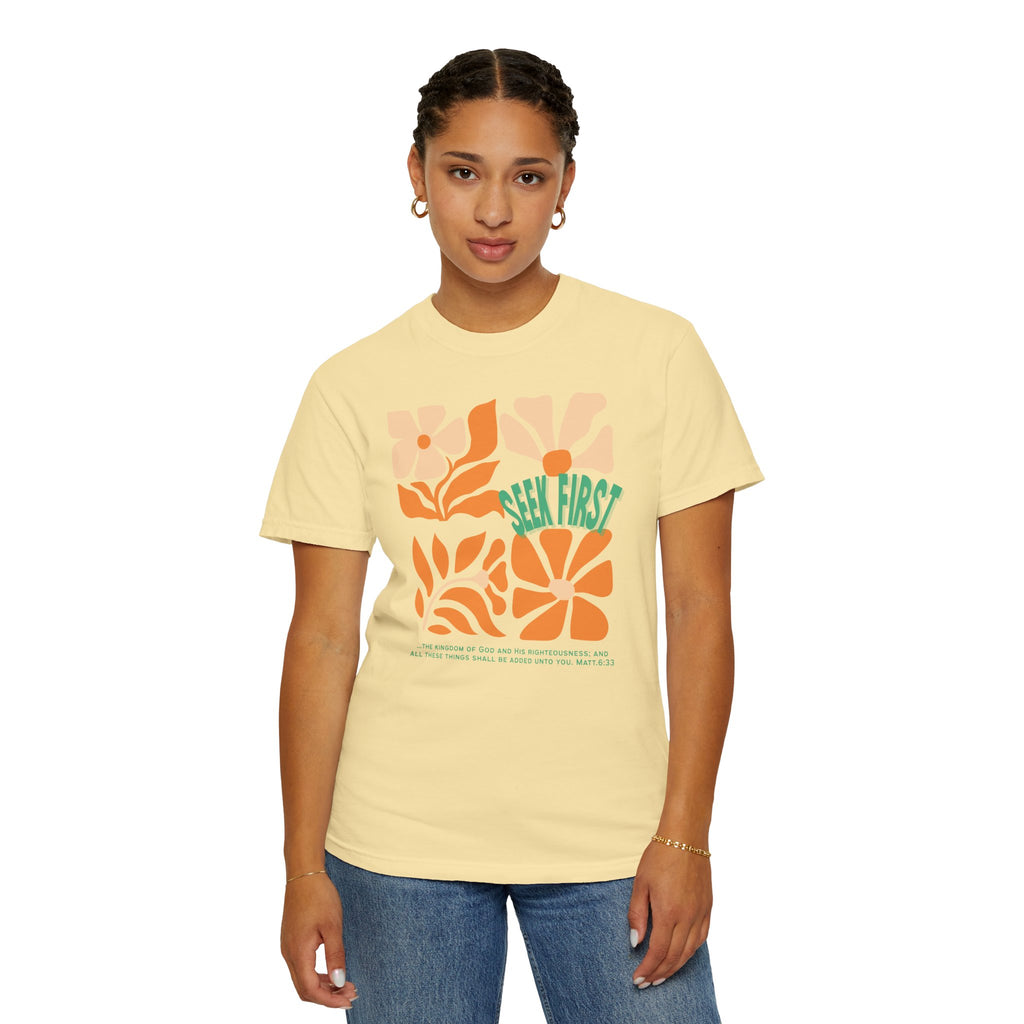 Seek First – Christian T-Shirt | Retro Floral Design | Live the Verse Collection | all4HIM