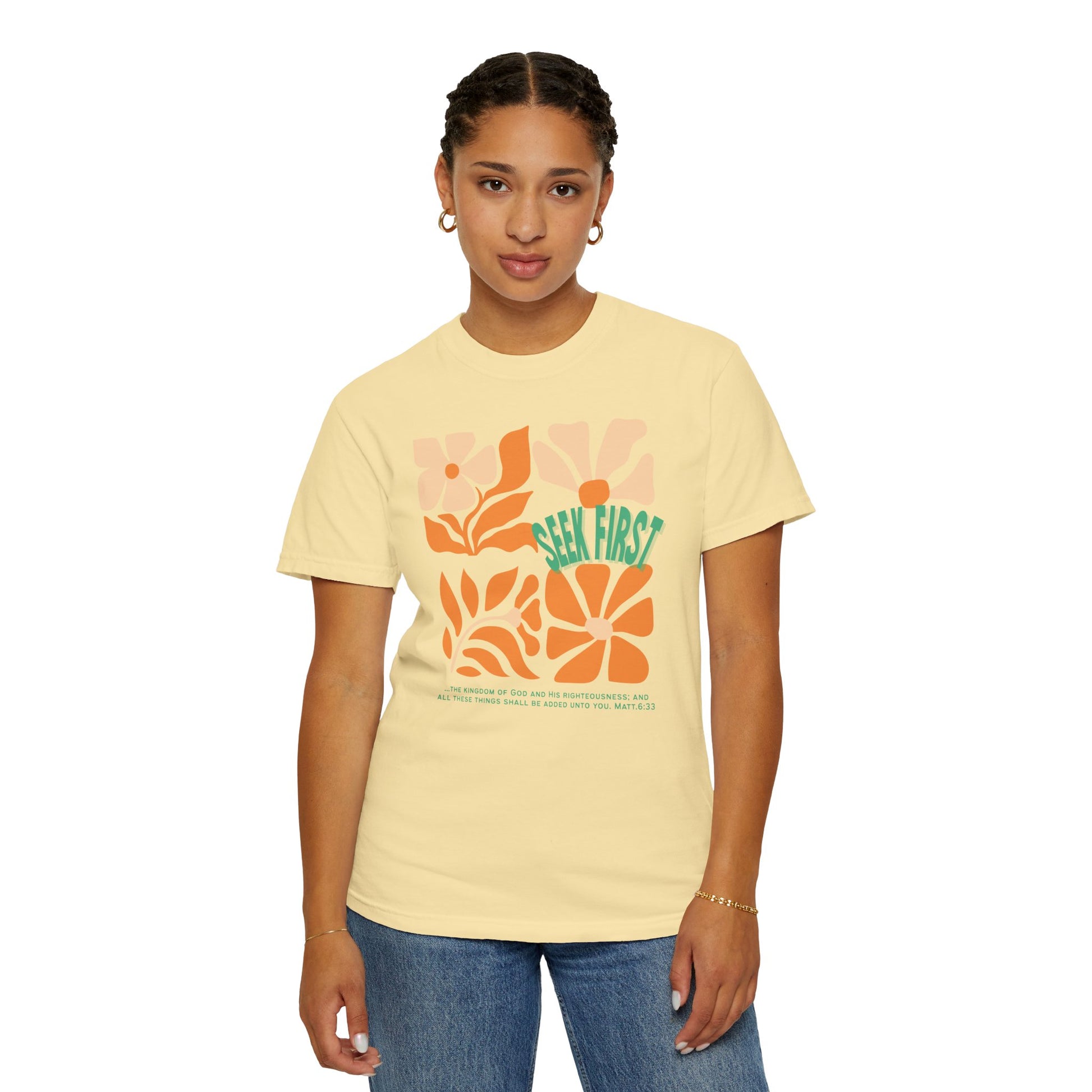 Seek First – Christian T-Shirt | Retro Floral Design | Live the Verse Collection | all4HIM
