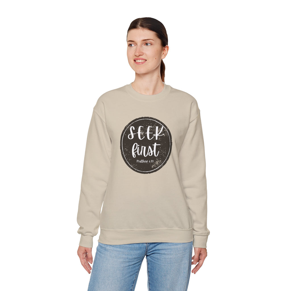 Seek First – Christian Sweatshirt | Circle Seal Design | Live the Verse Collection | all4HIM