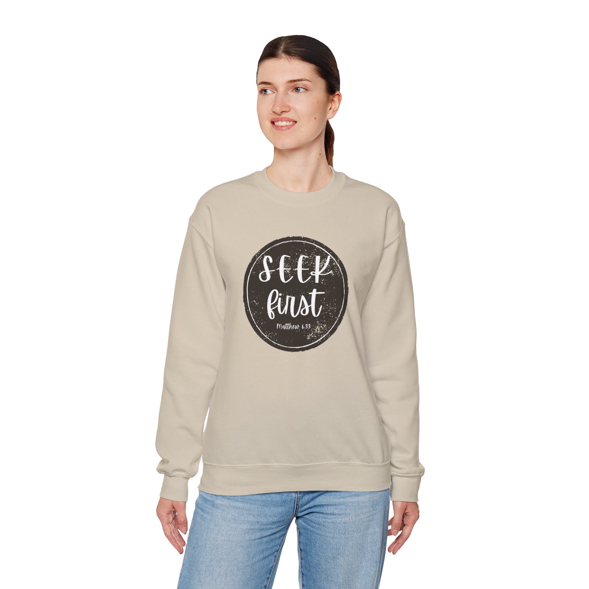 Seek First – Christian Sweatshirt | Circle Seal Design | Live the Verse Collection | all4HIM