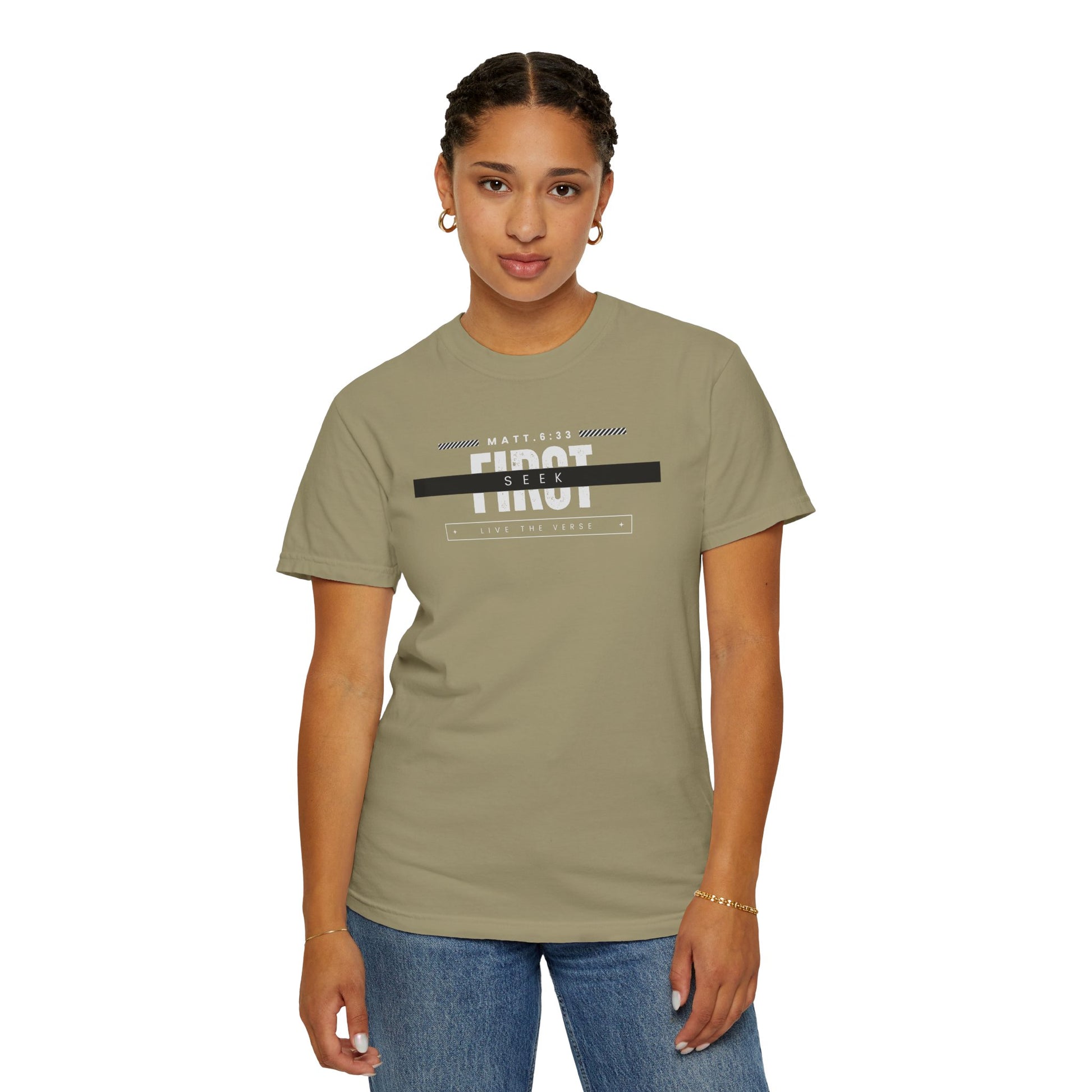 Seek First – Christian T-Shirt | Bold Typography Design | Live the Verse Collection | all4HIM