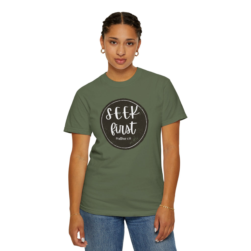 Seek First – Christian T-Shirt | Circle Seal Design | Live the Verse Collection | all4HIM