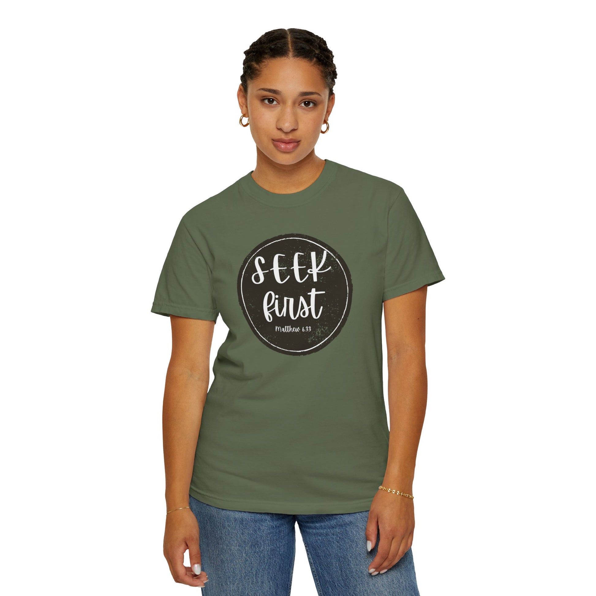 Seek First – Christian T-Shirt | Circle Seal Design | Live the Verse Collection | all4HIM