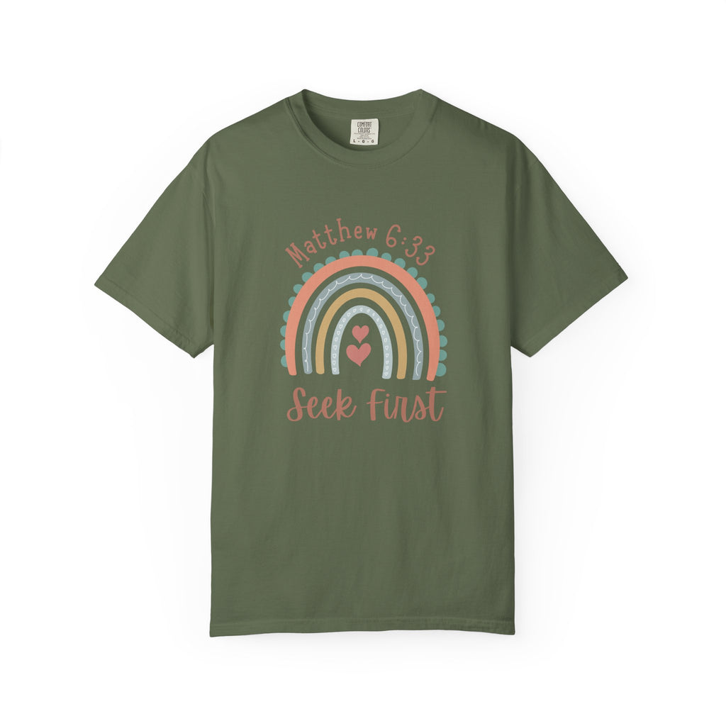Seek First – Christian T-Shirt | Boho Rainbow Design | Live the Verse Collection | all4HIM