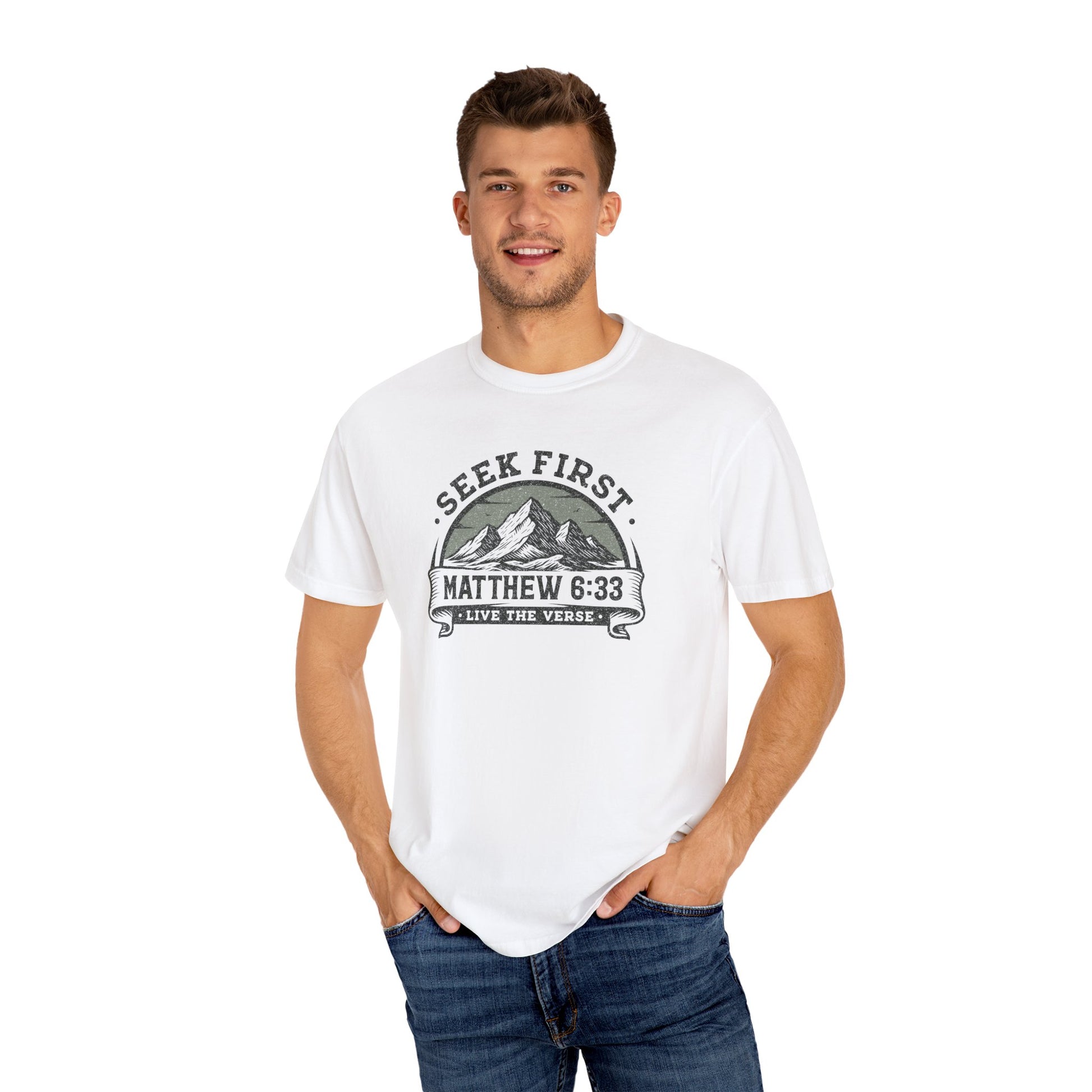 Seek First – Christian T-Shirt | Mountain Design | Live the Verse Collection | all4HIM