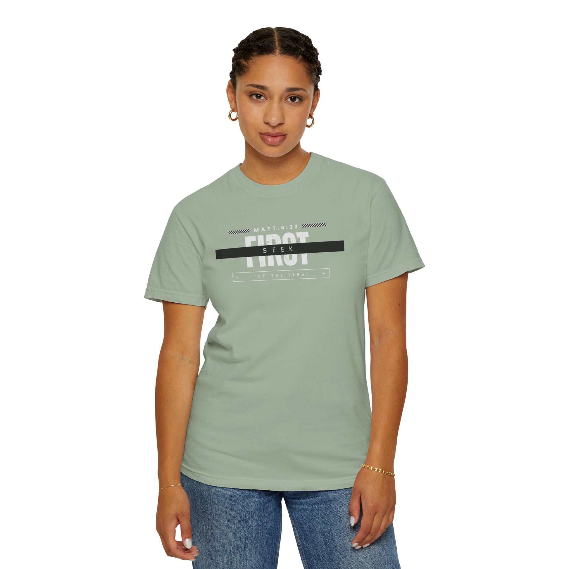 Seek First – Christian T-Shirt | Bold Typography Design | Live the Verse Collection | all4HIM