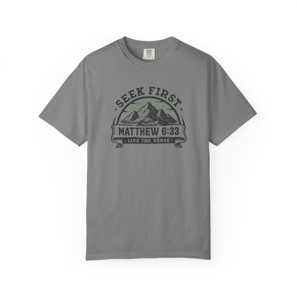 Seek First – Christian T-Shirt | Mountain Design | Live the Verse Collection | all4HIM