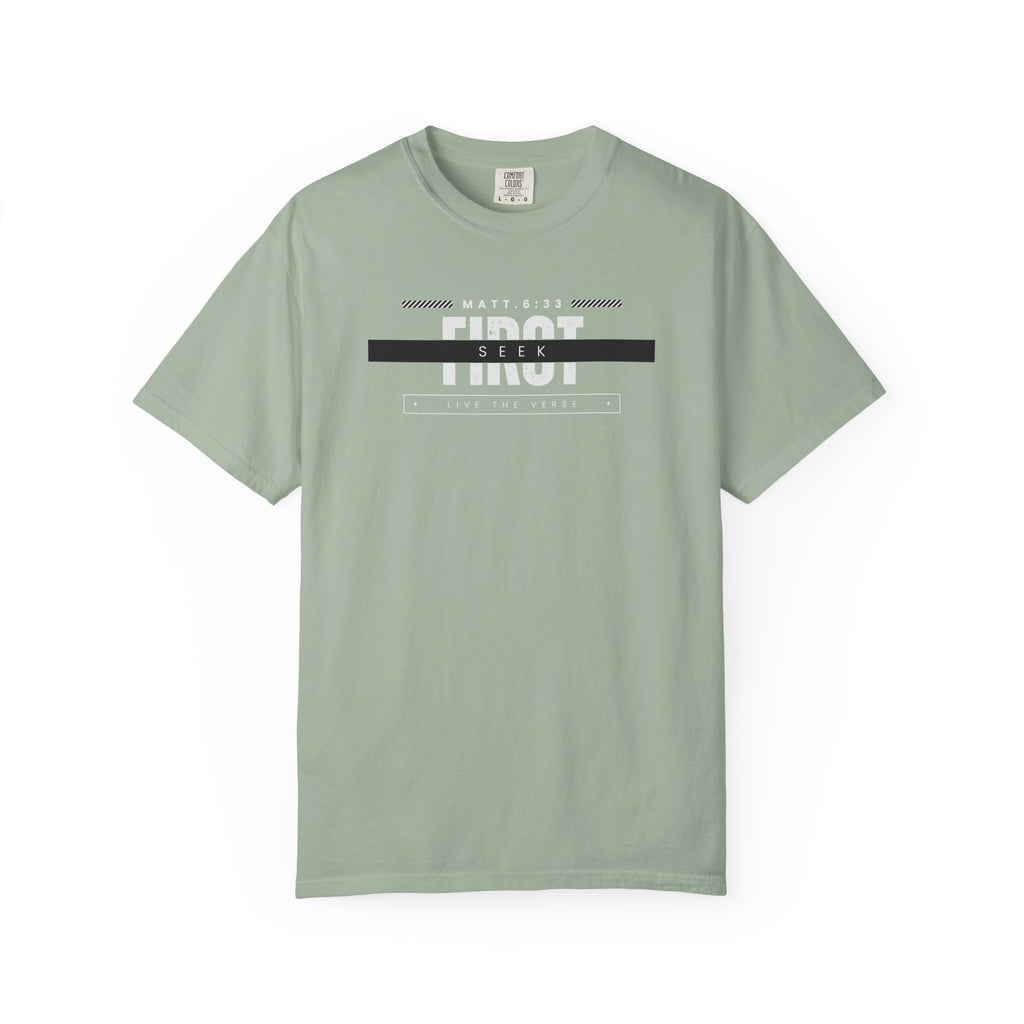 Seek First – Christian T-Shirt | Bold Typography Design | Live the Verse Collection | all4HIM