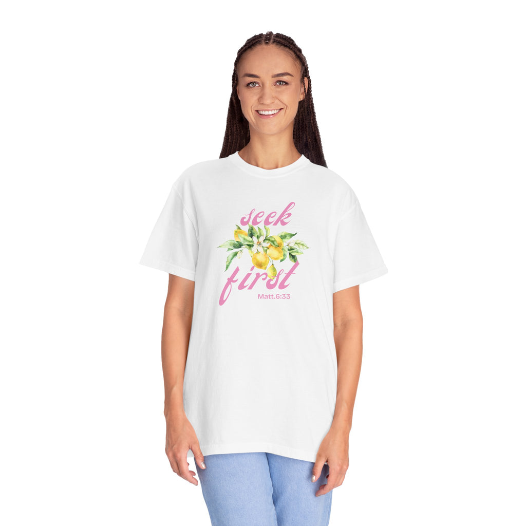 Seek First – Christian T-Shirt | Lemon Floral Design | Live the Verse Collection | all4HIM