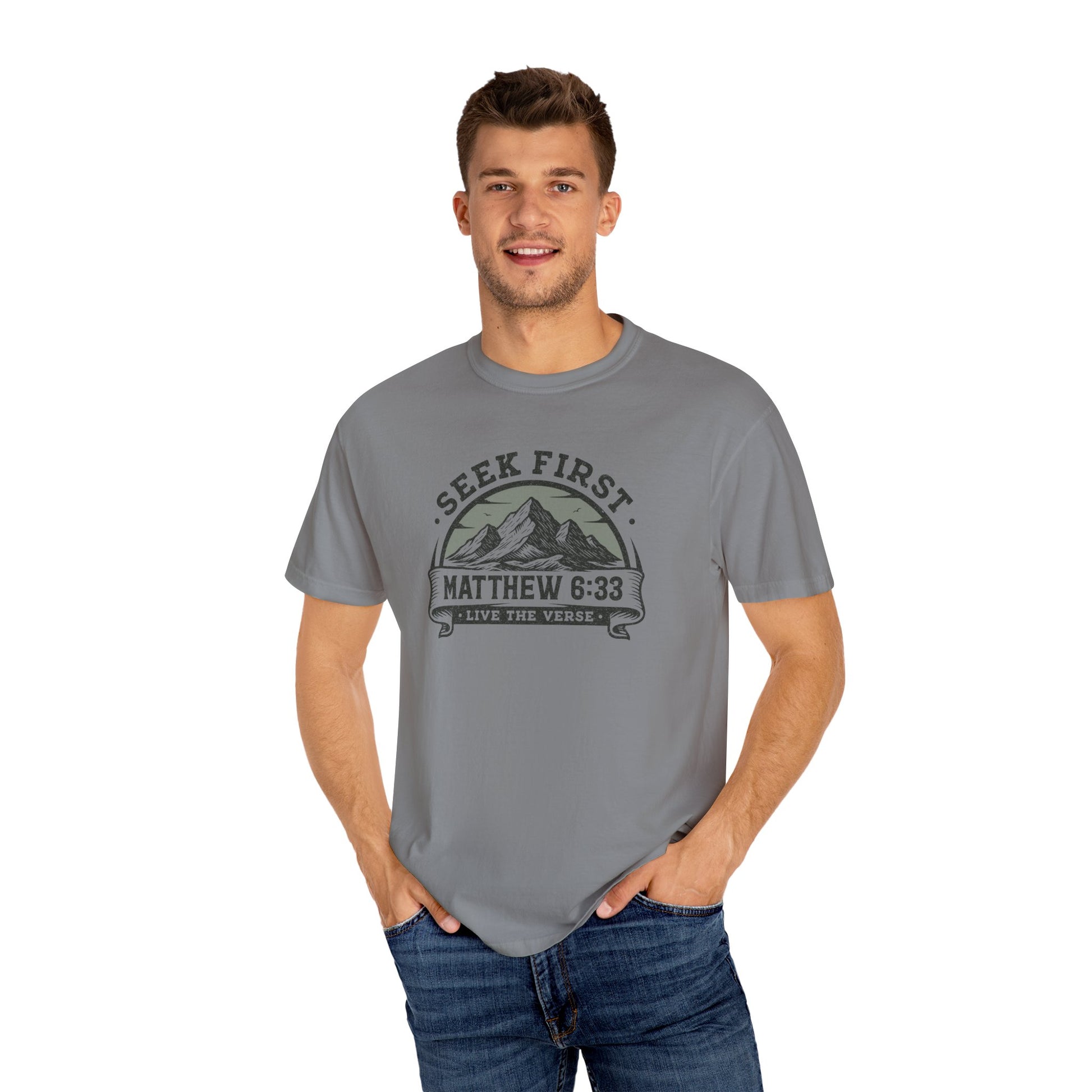 Seek First – Christian T-Shirt | Mountain Design | Live the Verse Collection | all4HIM
