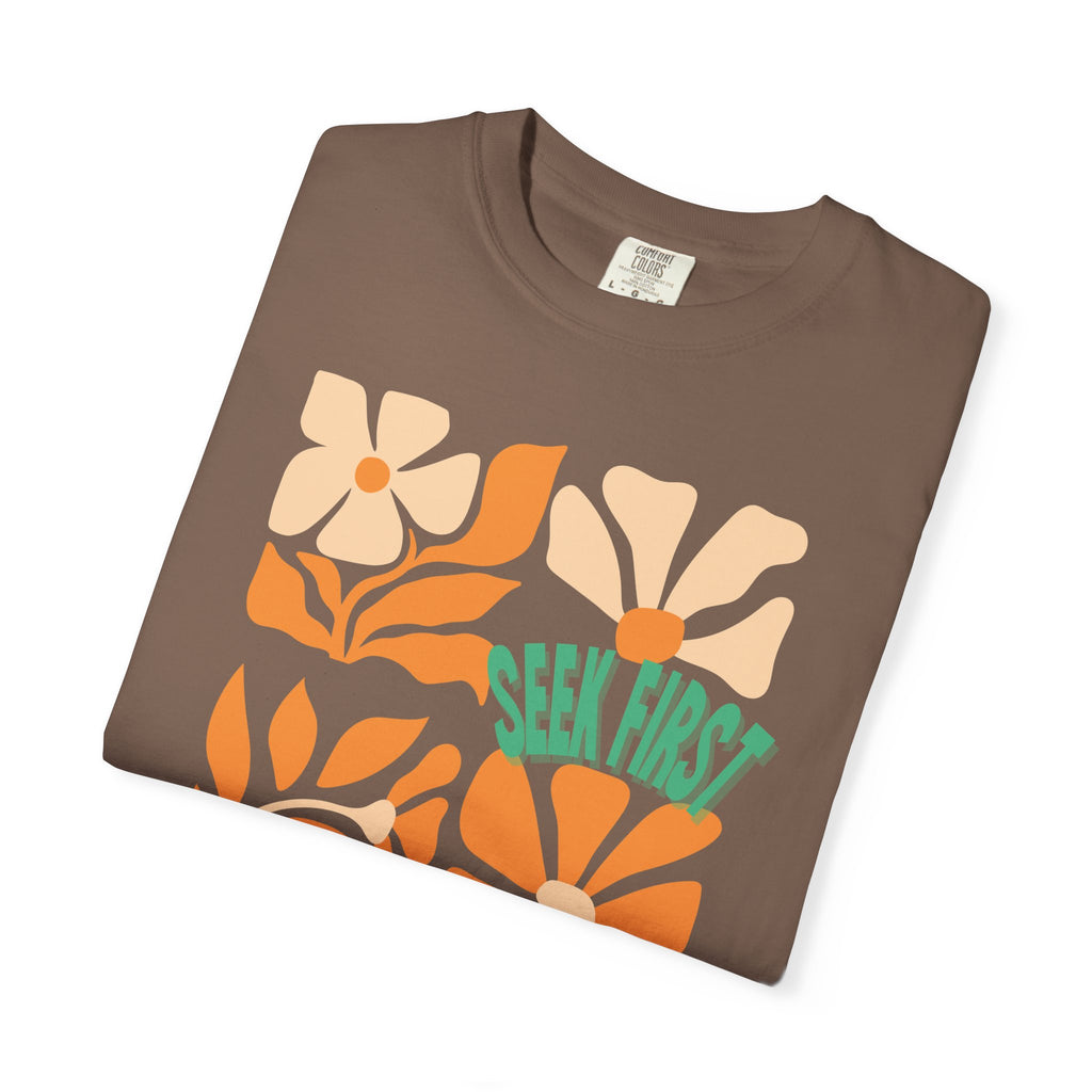 Seek First – Christian T-Shirt | Retro Floral Design | Live the Verse Collection | all4HIM