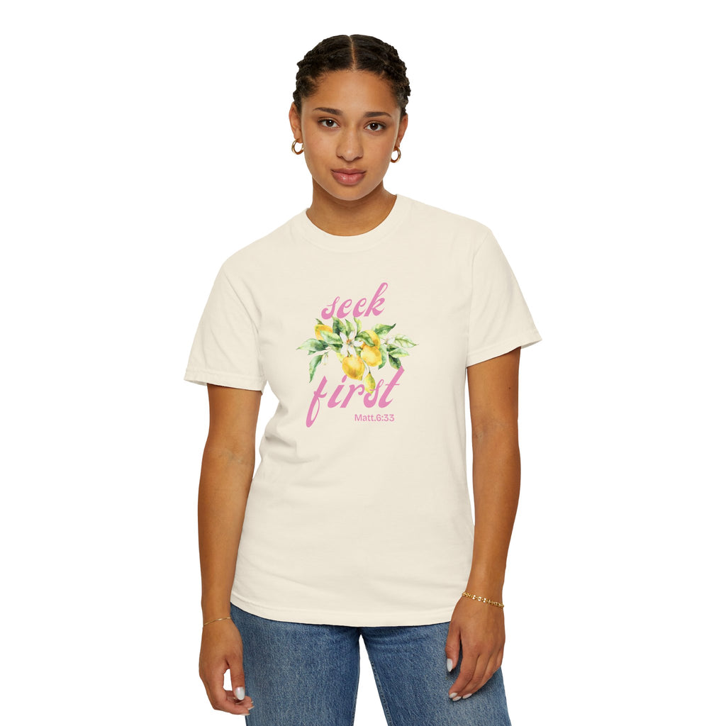 Seek First – Christian T-Shirt | Lemon Floral Design | Live the Verse Collection | all4HIM