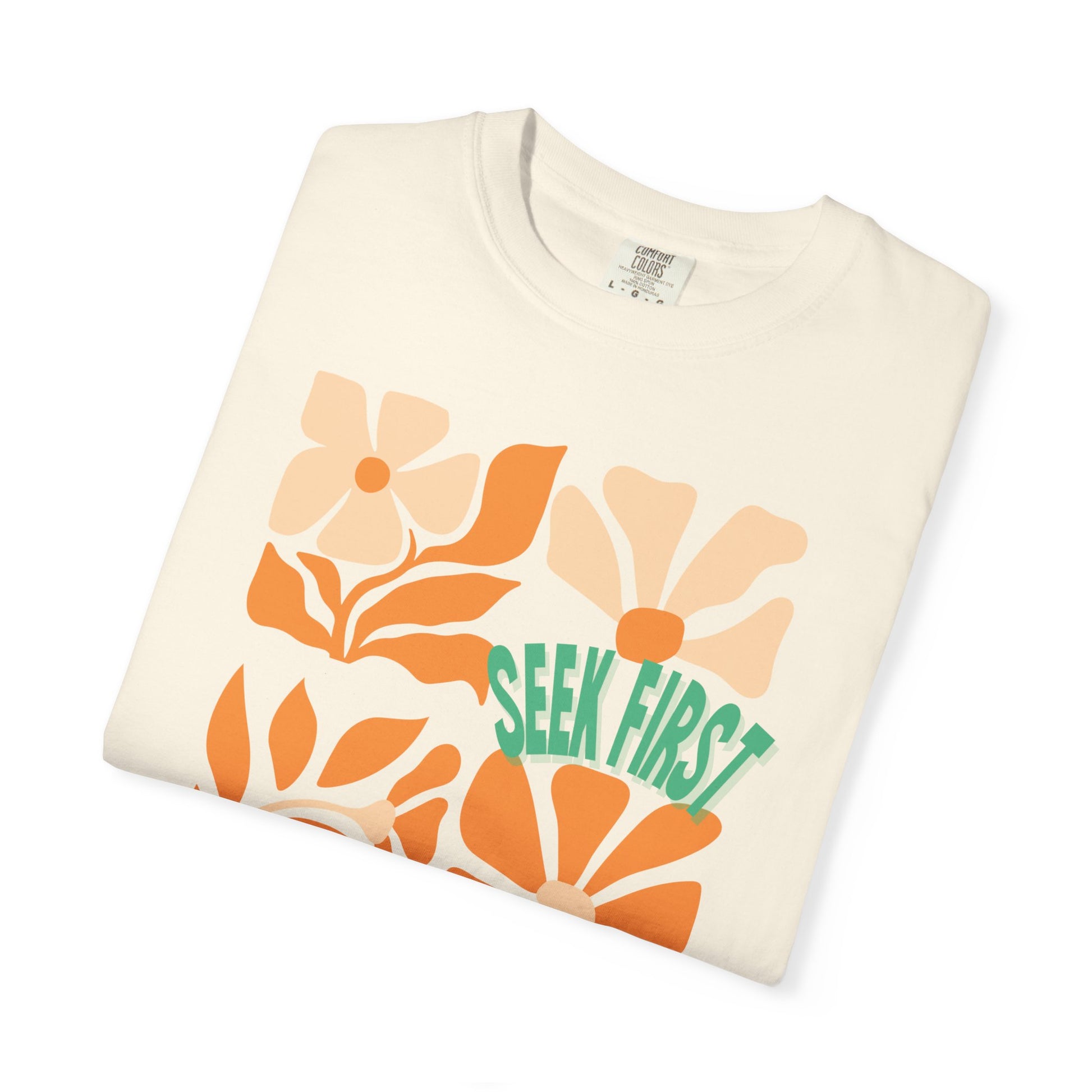 Seek First – Christian T-Shirt | Retro Floral Design | Live the Verse Collection | all4HIM