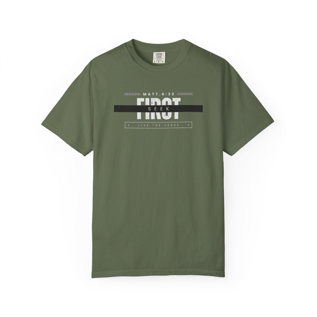 Seek First – Christian T-Shirt | Bold Typography Design | Live the Verse Collection | all4HIM