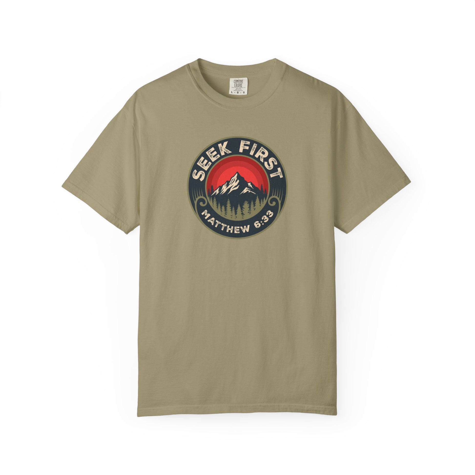 Seek First – Christian T-Shirt | Vintage Mountain Patch Design | Live the Verse Collection | all4HIM