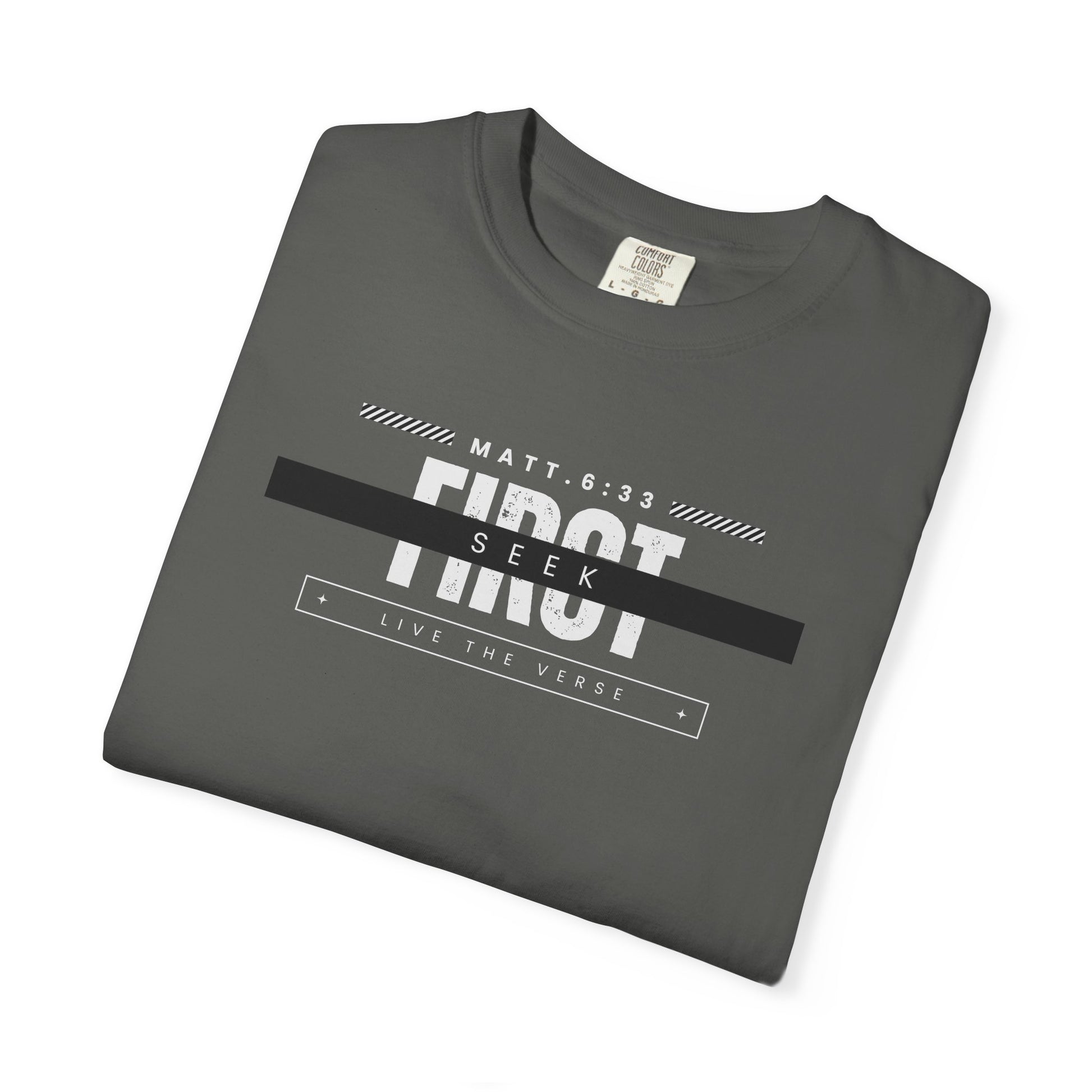 Seek First – Christian T-Shirt | Bold Typography Design | Live the Verse Collection | all4HIM
