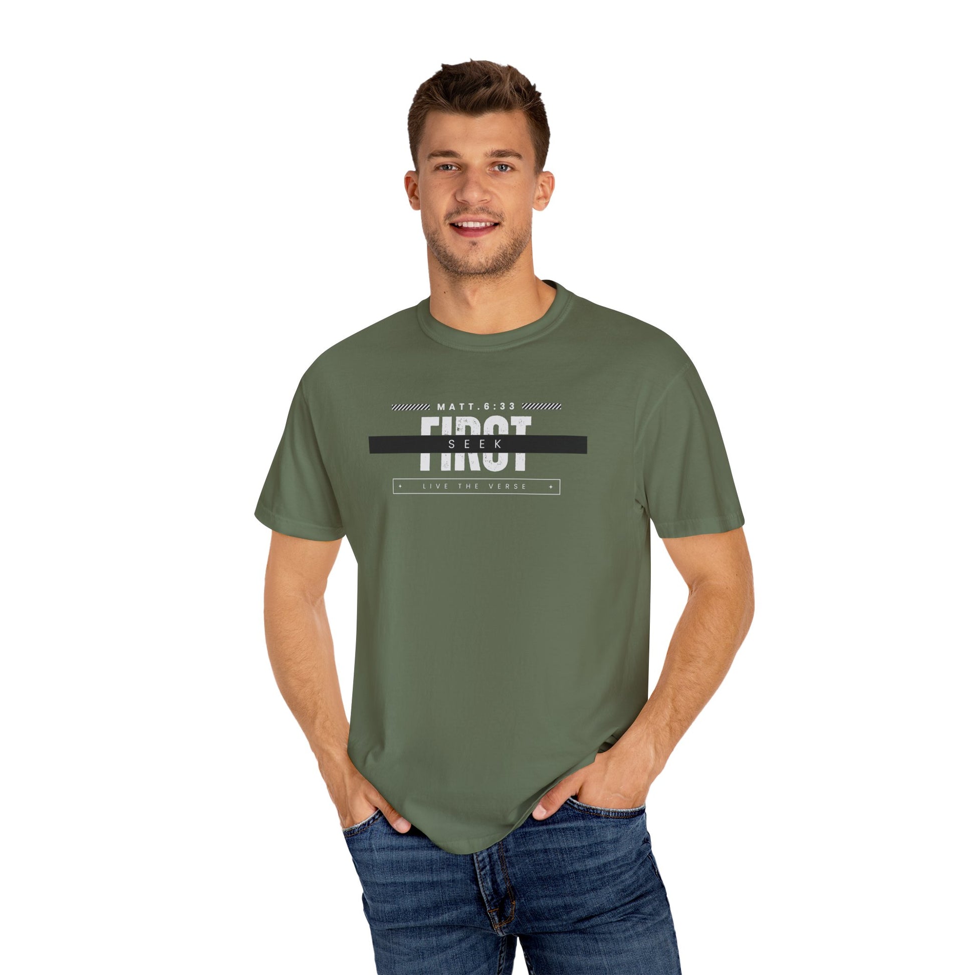 Seek First – Christian T-Shirt | Bold Typography Design | Live the Verse Collection | all4HIM