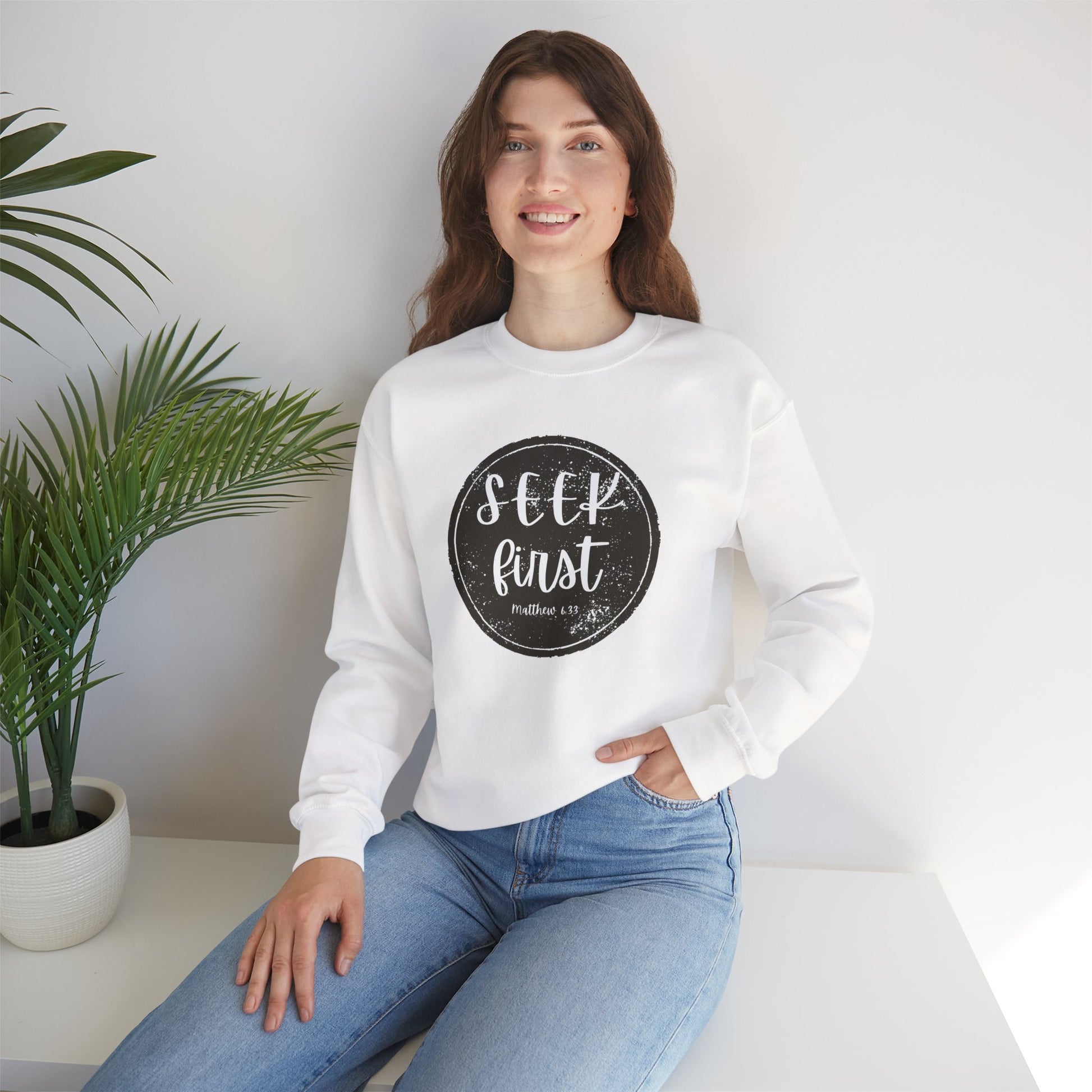 Seek First – Christian Sweatshirt | Circle Seal Design | Live the Verse Collection | all4HIM