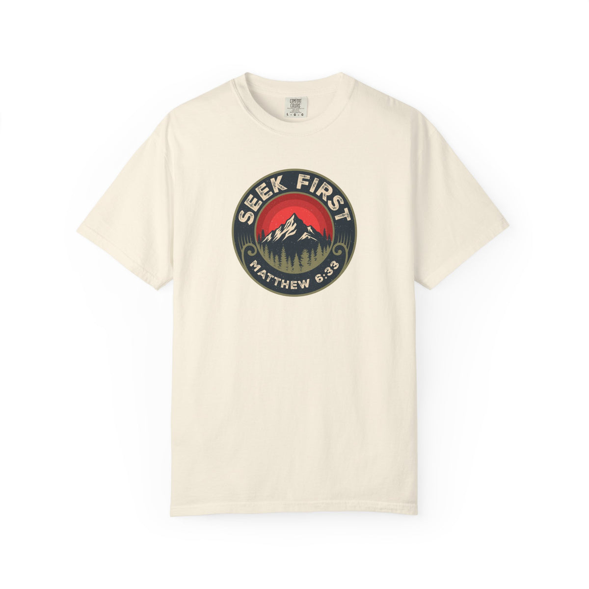 Seek First – Christian T-Shirt | Vintage Mountain Patch Design | Live the Verse Collection | all4HIM