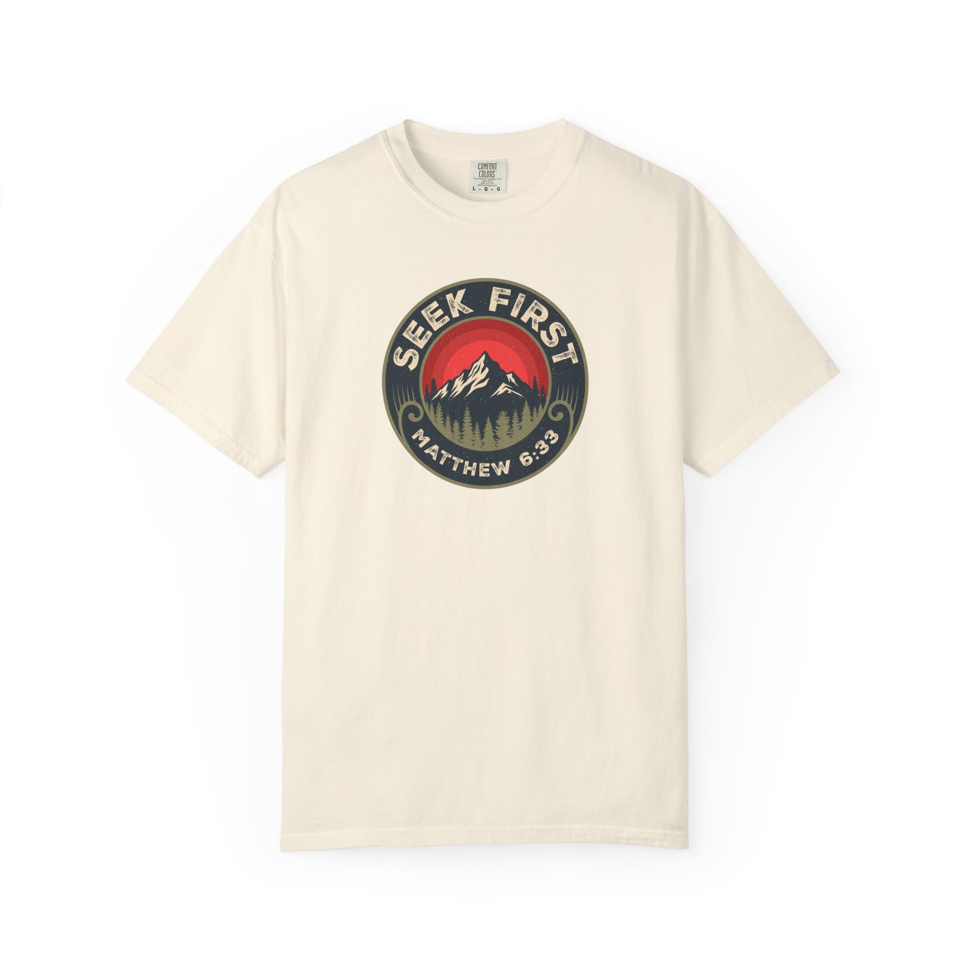Seek First – Christian T-Shirt | Vintage Mountain Patch Design | Live the Verse Collection | all4HIM