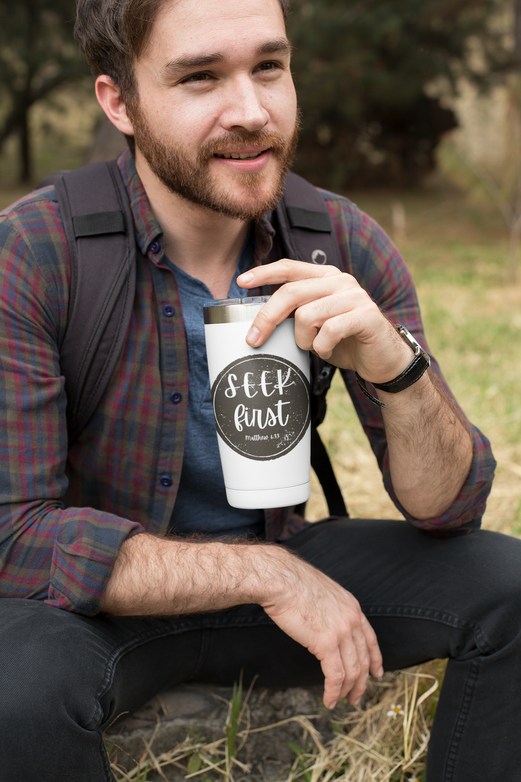 Seek First – 20oz Tumbler | Rustic Circle Seal Design | Live the Verse Collection | all4HIM