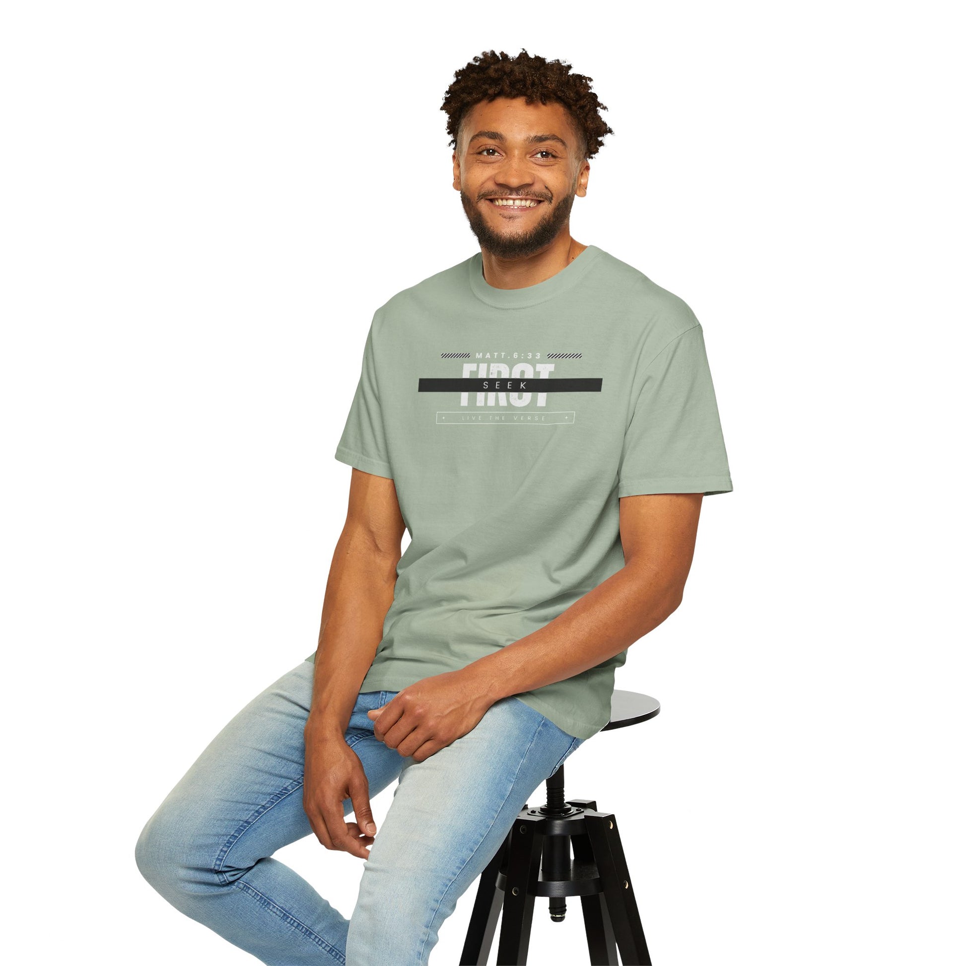 Seek First – Christian T-Shirt | Bold Typography Design | Live the Verse Collection | all4HIM