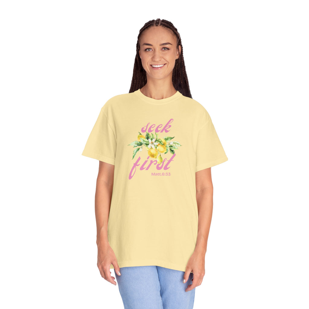 Seek First – Christian T-Shirt | Lemon Floral Design | Live the Verse Collection | all4HIM