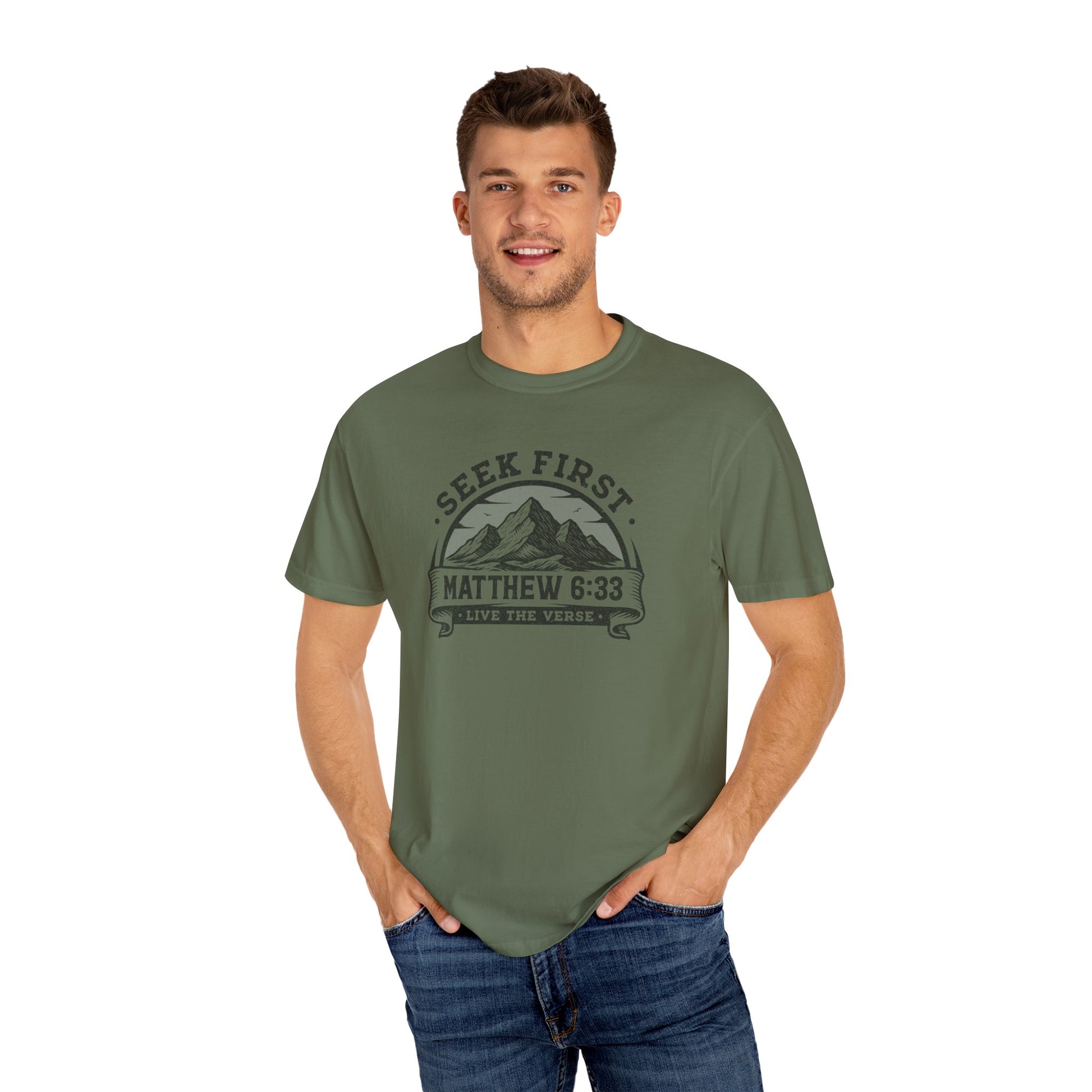 Seek First – Christian T-Shirt | Mountain Design | Live the Verse Collection | all4HIM