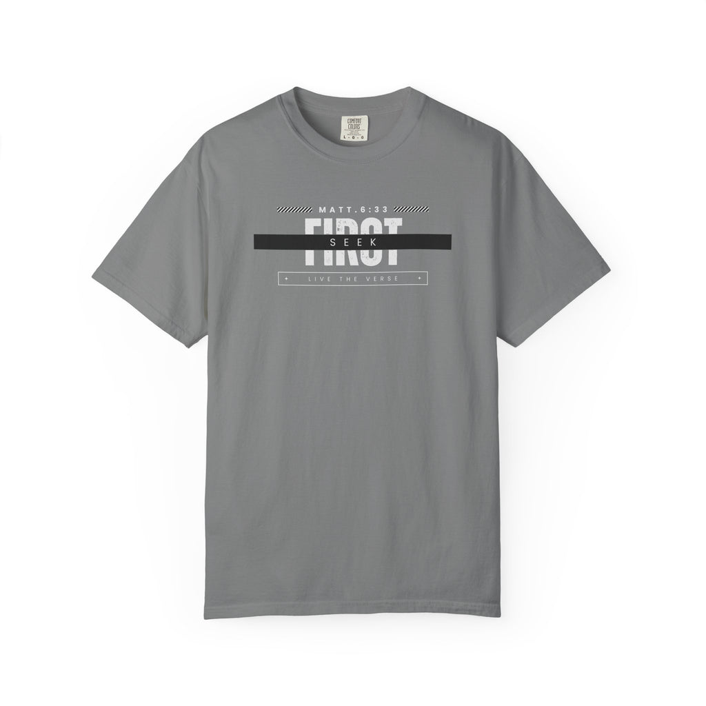 Seek First – Christian T-Shirt | Bold Typography Design | Live the Verse Collection | all4HIM