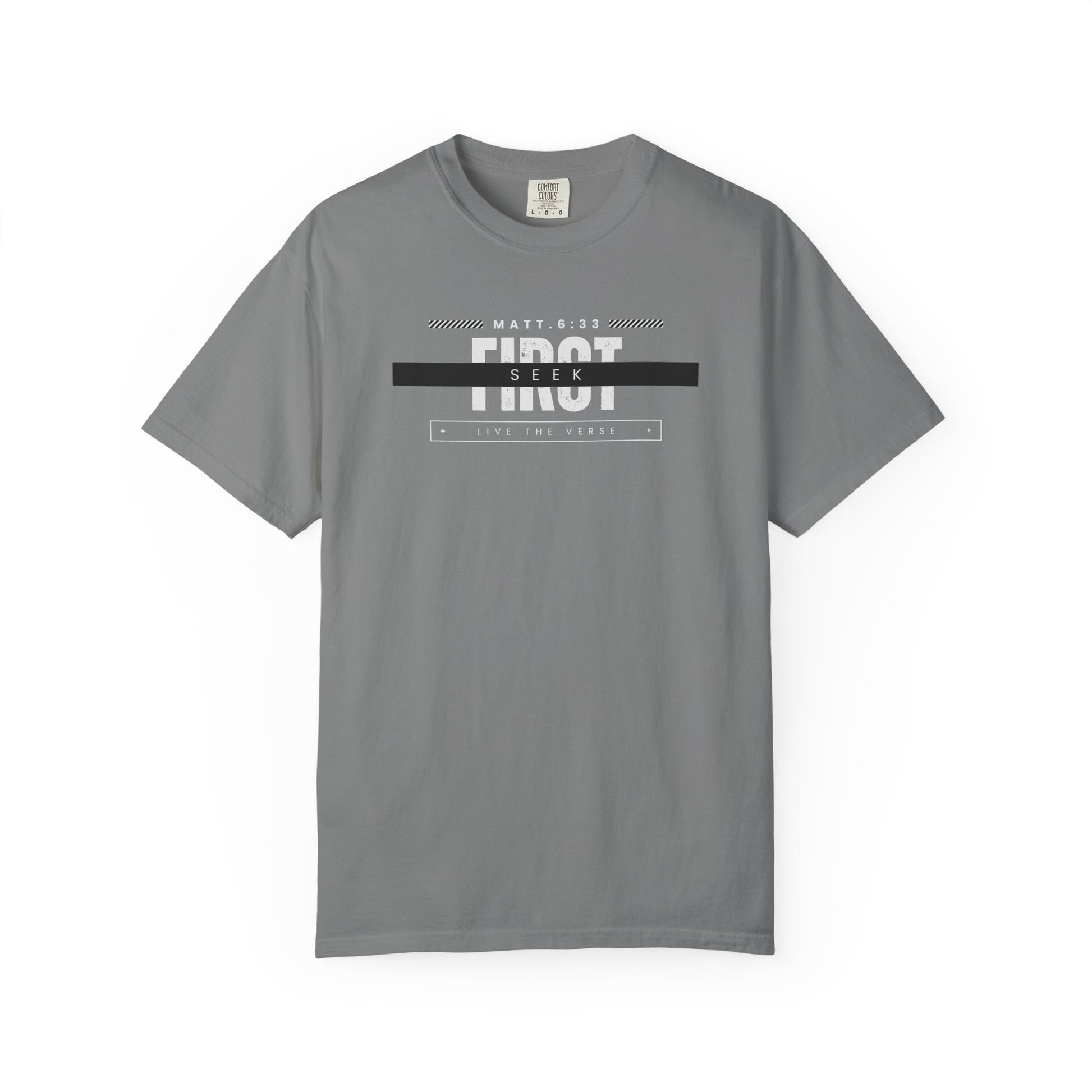 Seek First – Christian T-Shirt | Bold Typography Design | Live the Verse Collection | all4HIM